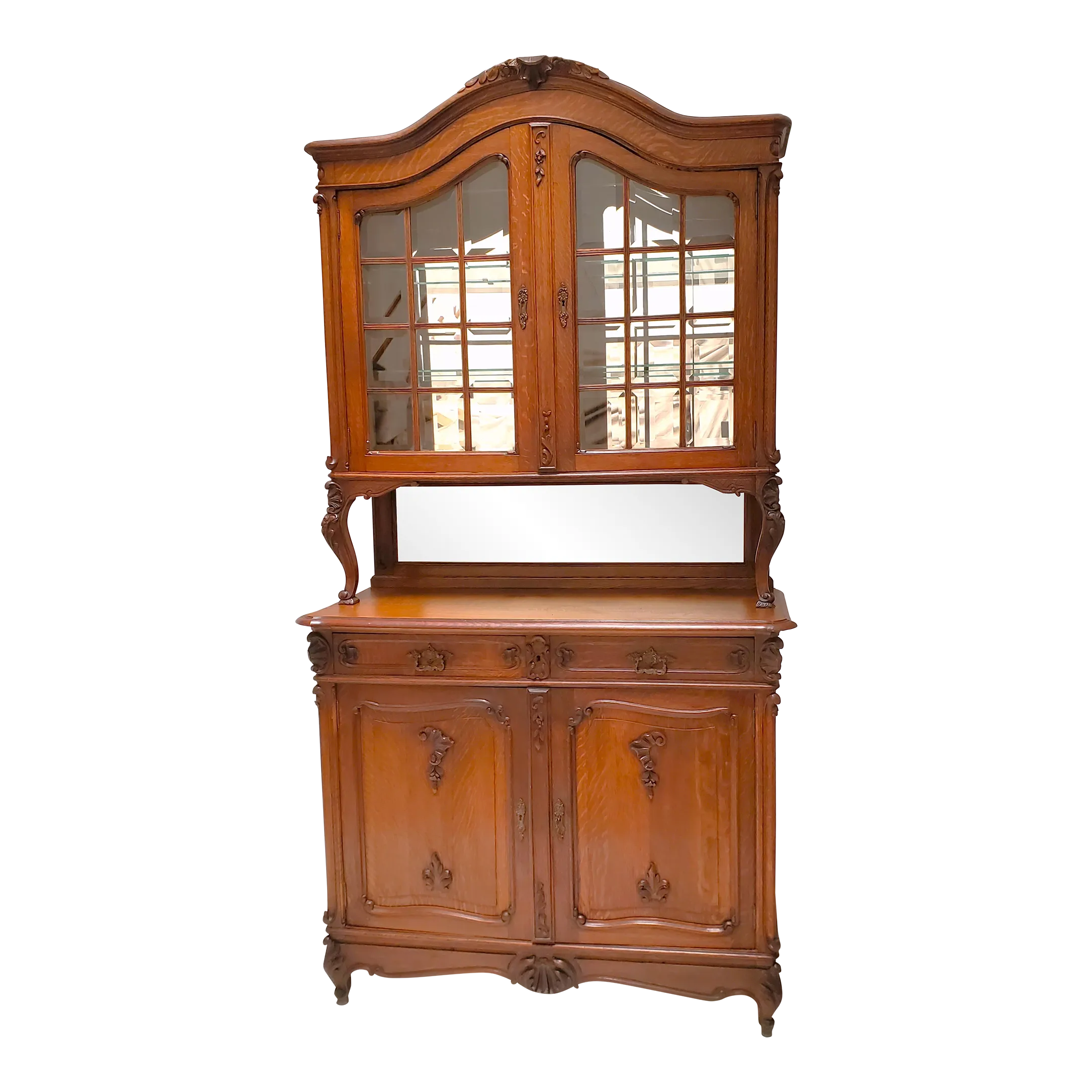 Antique French / Louis XV Oak Display China Cabinet Display Hutch With Beveled Glass