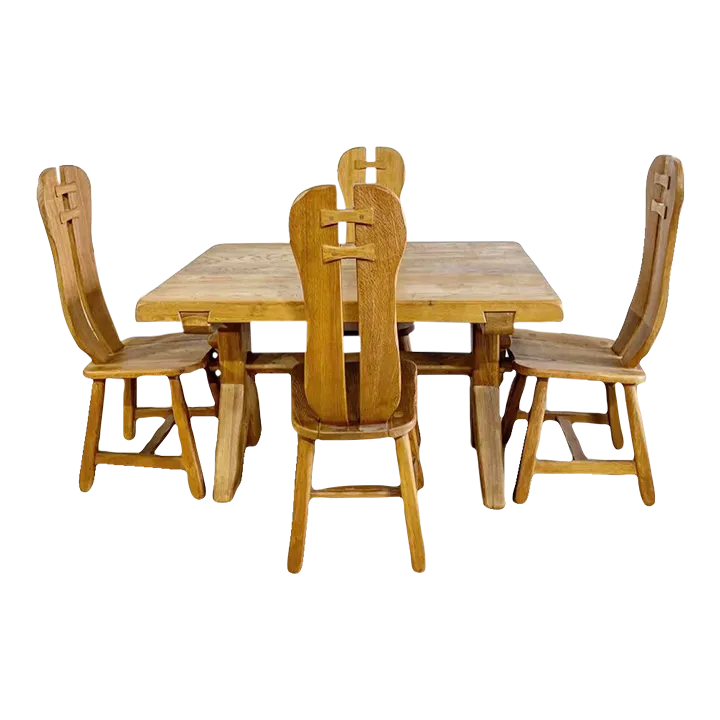 De Puydt Oak Brutalist Primitive Dining Chairs and Table Set