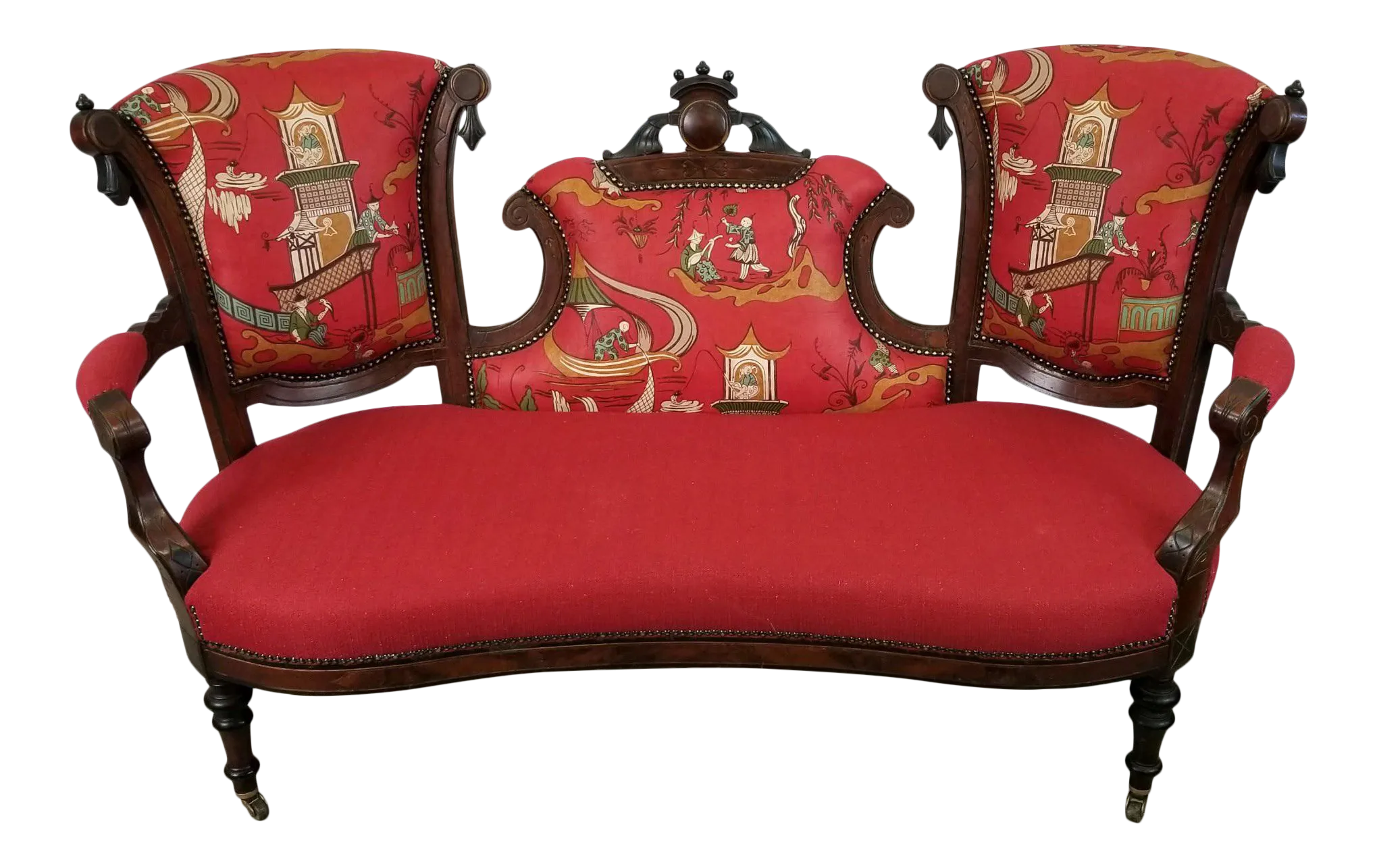 1800s Antique Sanderson & Sons Pagoda River Linen and Red Crypton
