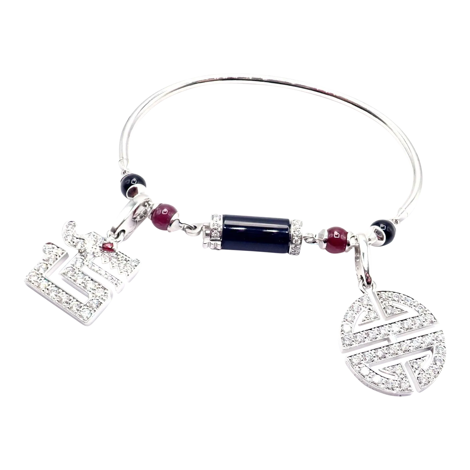 Cartier le baiser du dragon 18k gold diamond ruby onyx 2 charms bangle