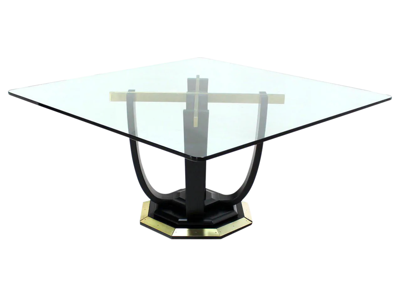 Vintage Mid Century Square Glass Top Black Lacquer Brass Base Dining