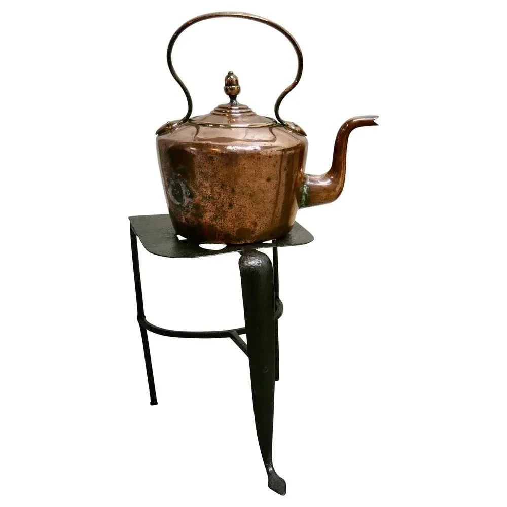 Early 19th Century Copper Kettle and Iron Trivet, 1800s, Set of 2
