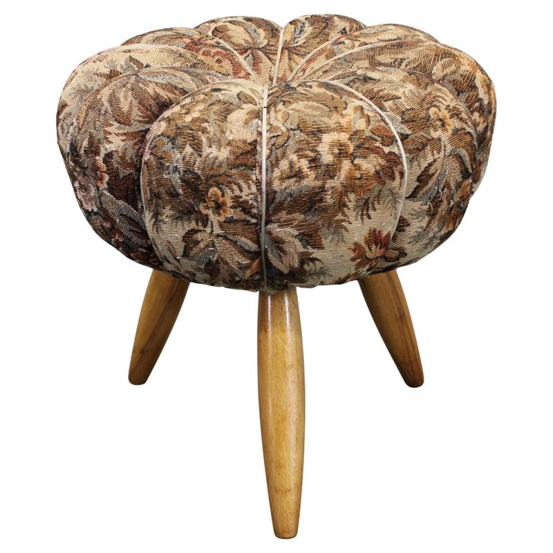 Mid-Century Modern Czech Upholstered Stool in Beech Wood, 1950s