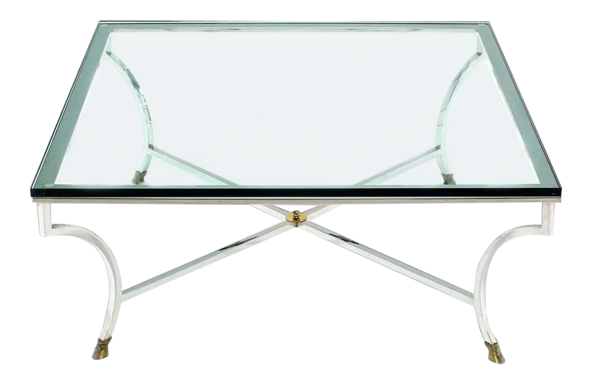 MidCentury Modern Glass Top Square Coffee Table With Chrome and Brass