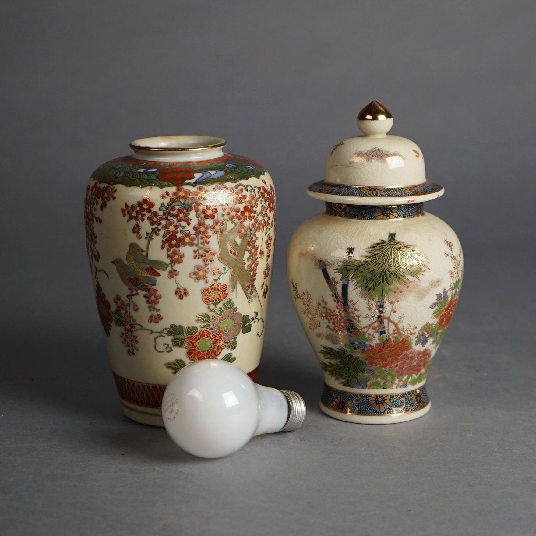 Japanese Vintage Vase AD1800~ 江戸後期_花器_貫入 VINTAGE SHOGUN DYNASTY VASE & LIDDED VASE/GINGER JAR BIRDS