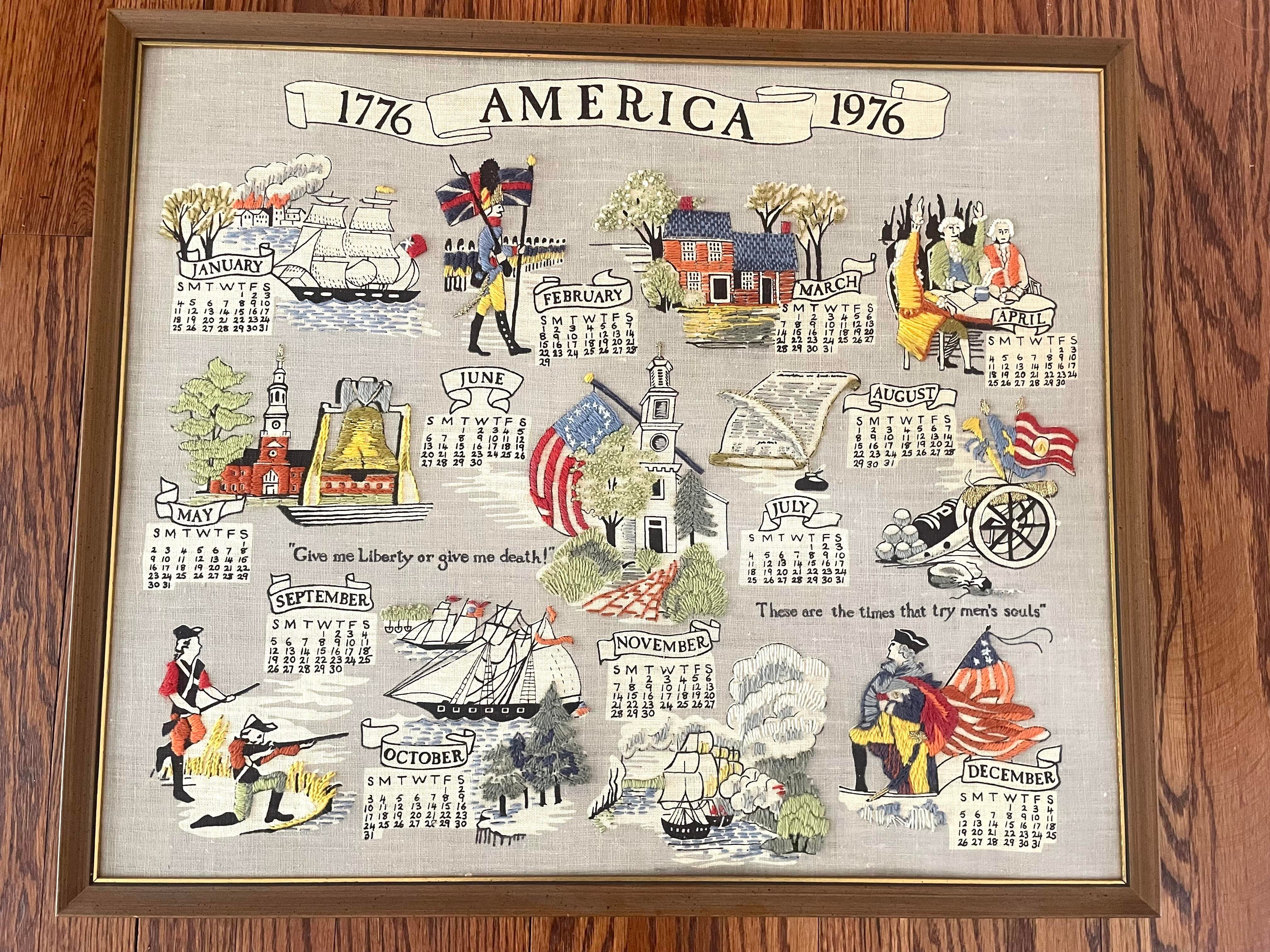 Vintage Bicentennial Embroidered Crewel Calendar Framed Art | Chairish
