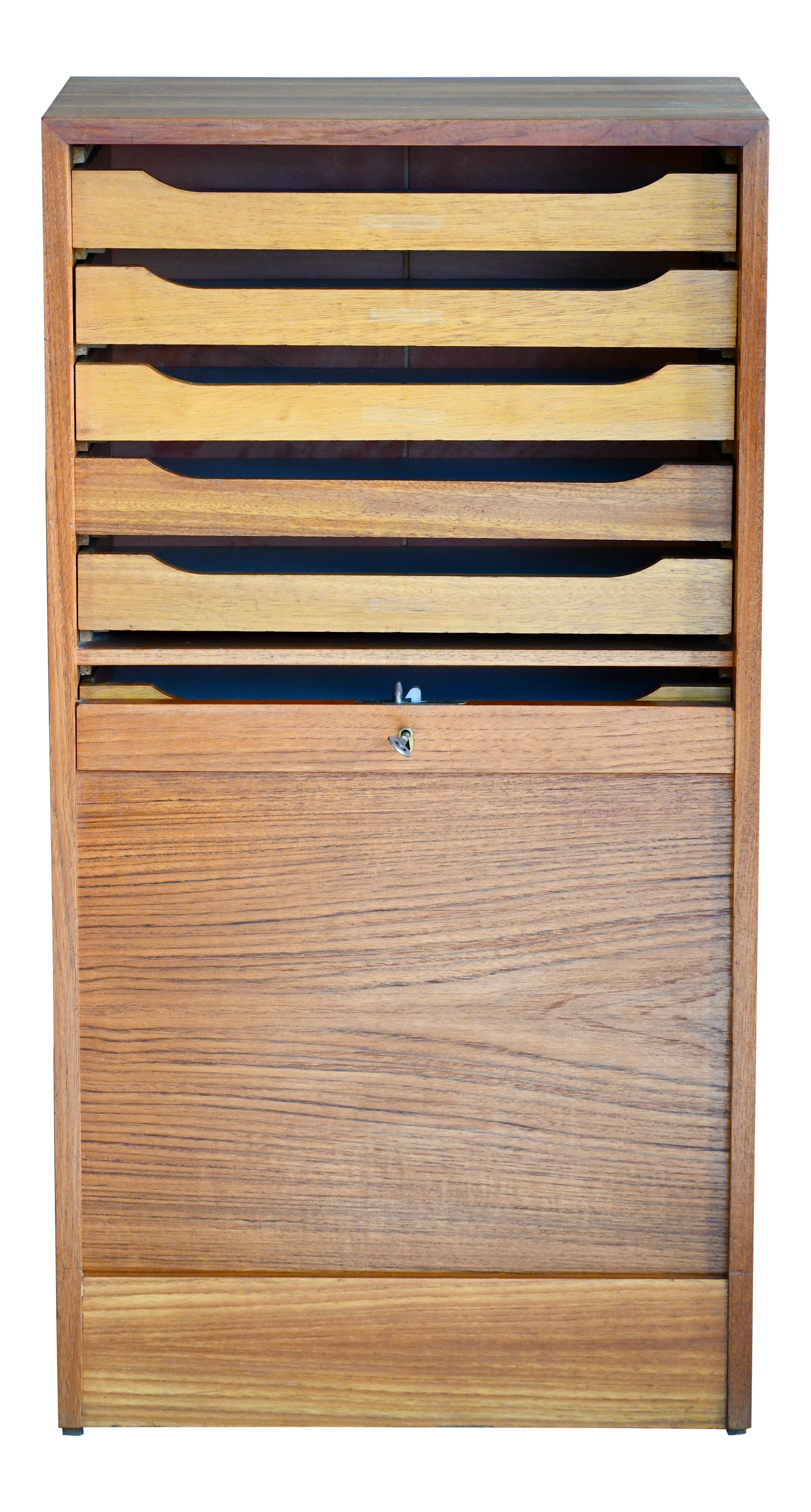 Danish Teak File Cabinet With Lockable Tambour Pull Up Front