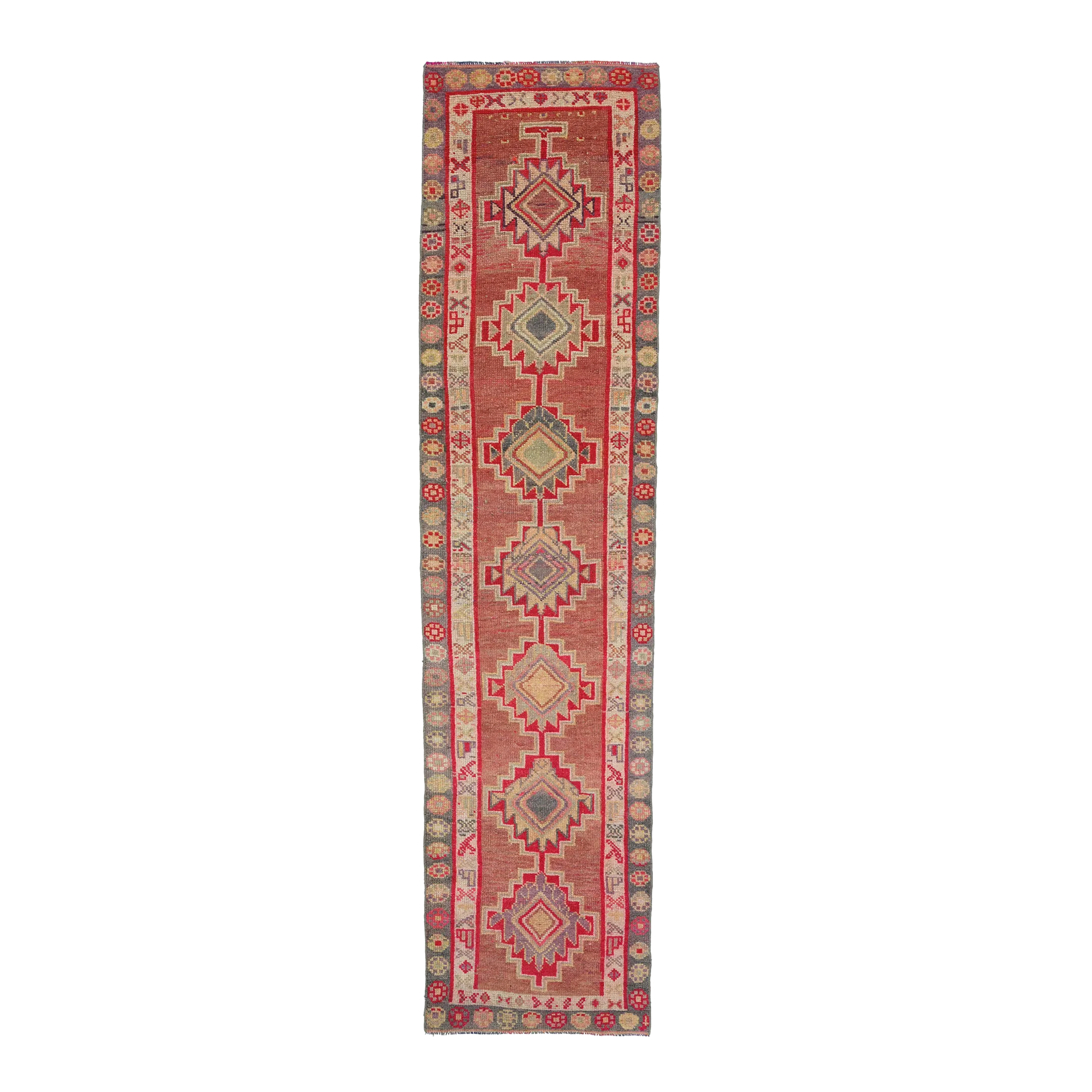 1970s Vintage Turkish Oushak Handmade Wool Cotton Pink Runner Rug