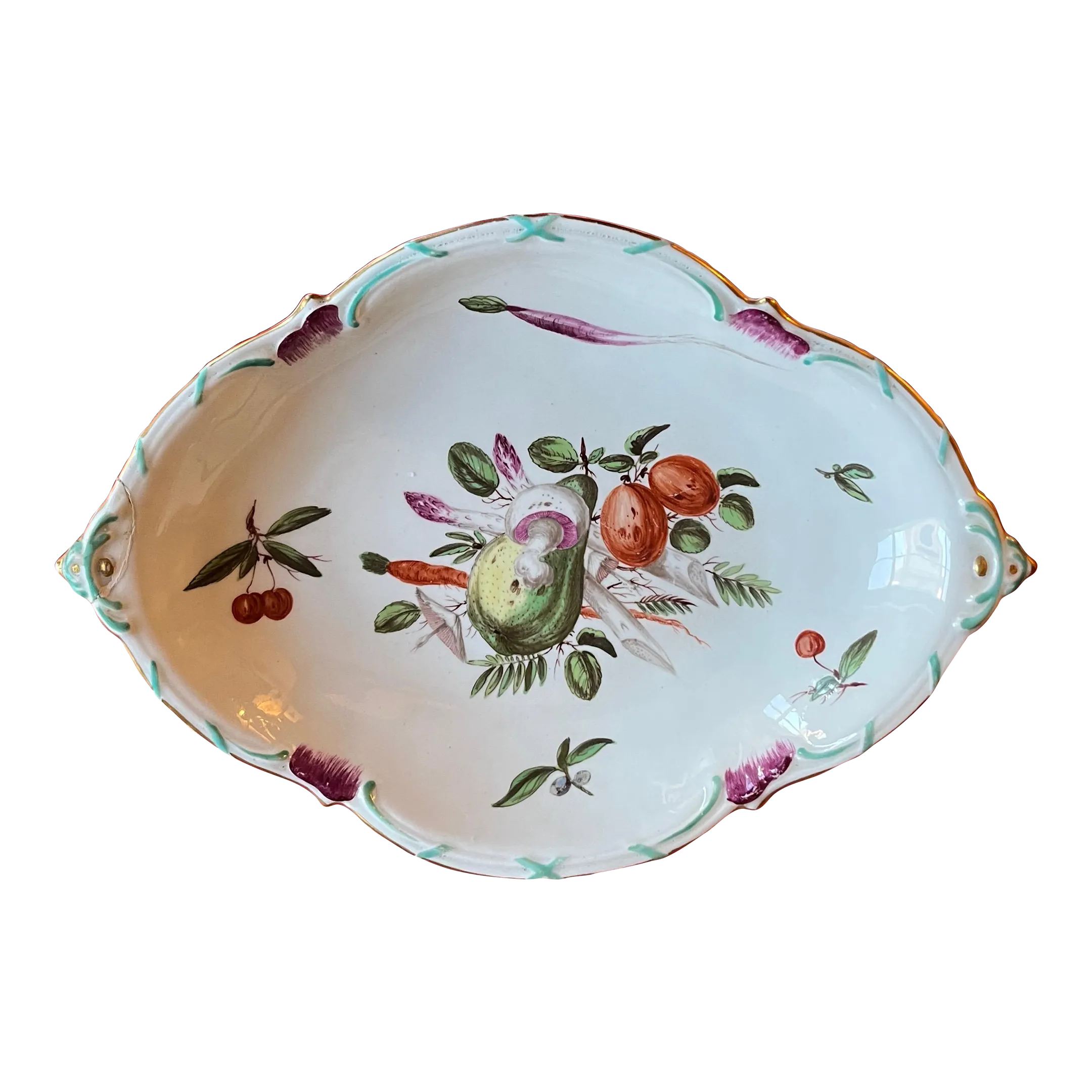 Antique 18th Century Chelsea Porcelain Lozenge Shape Dessert Dish Decorated With Fruit & Vegetables