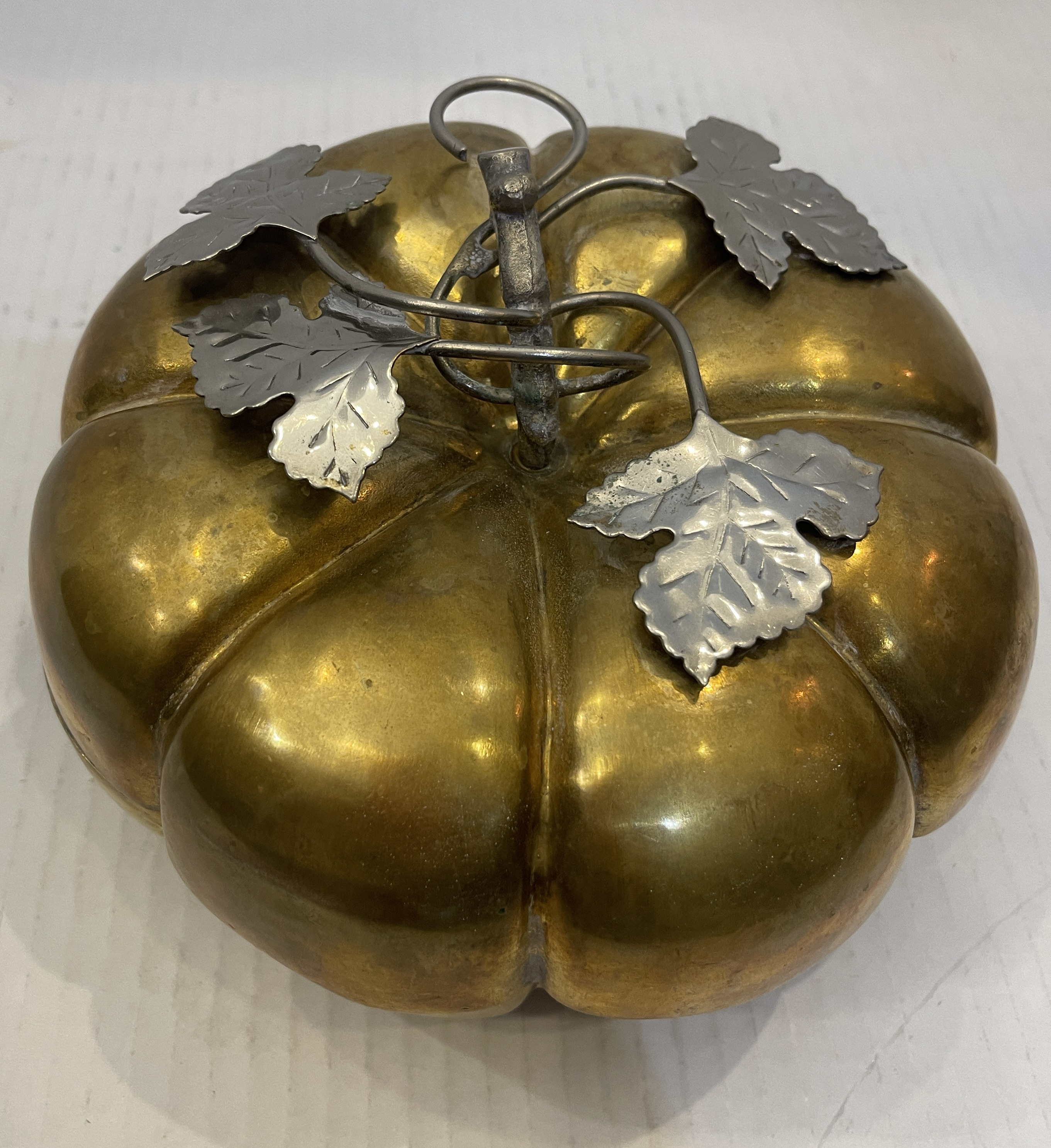 Antique Brass Pumpkin Box With Silver Plate Leaves