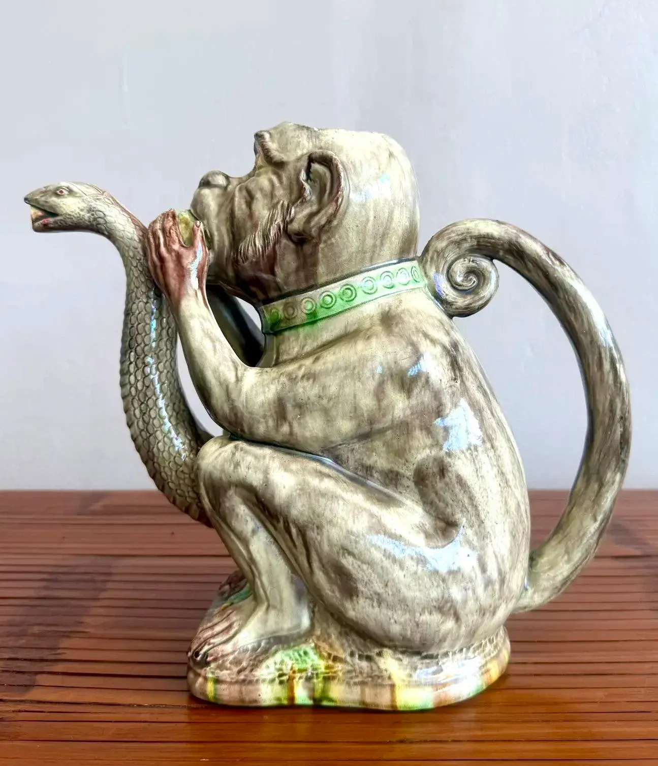 Late 20th Century Boho Ceramic Majolica-Style Monkey & Cobra