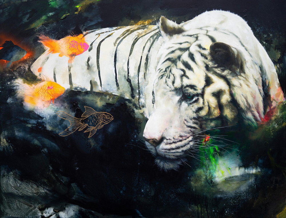 White Tiger with Koi Fish, 2024, Oil Painting | Chairish