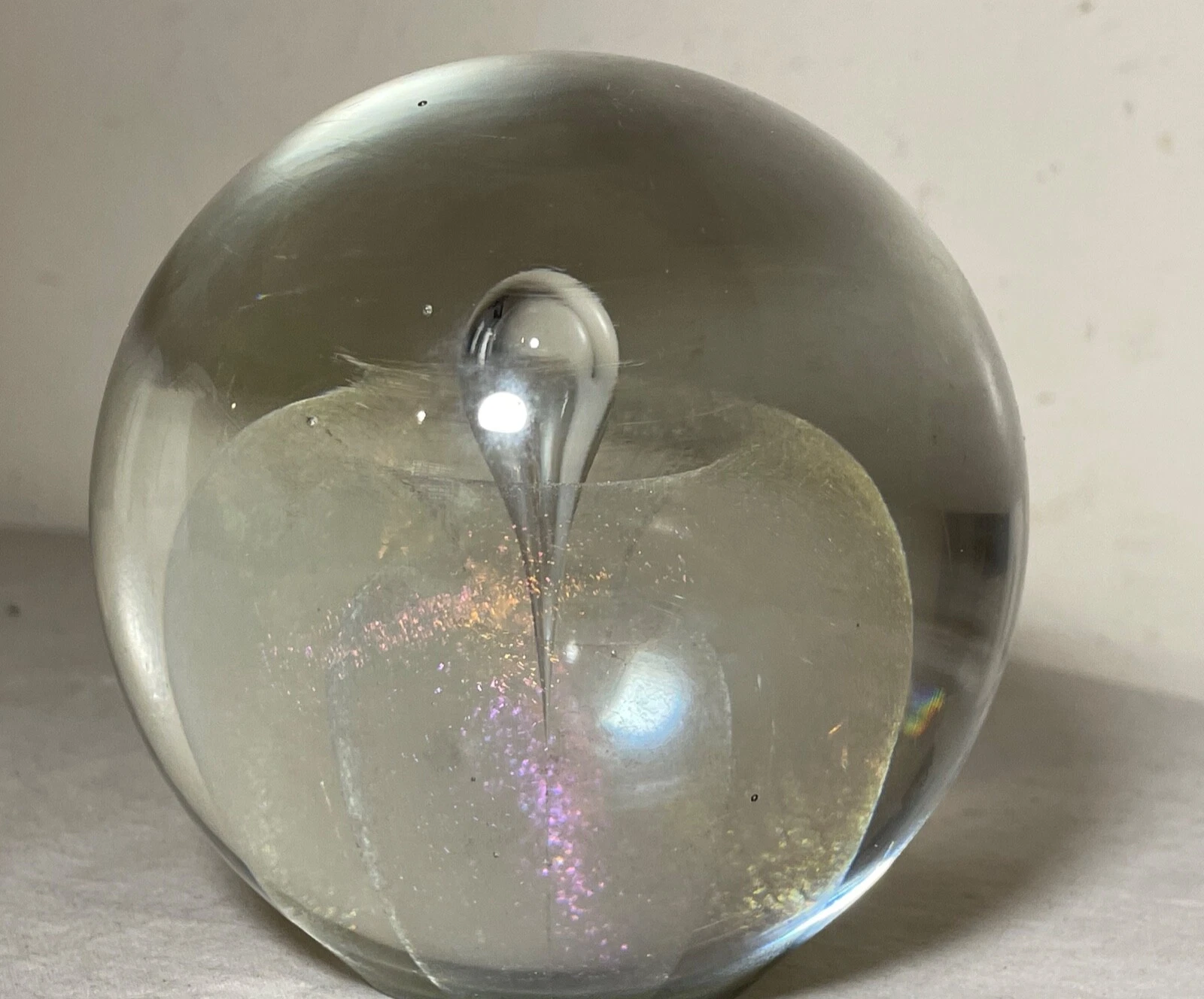 1980s Rw Stephen Iridescent Hand Blown Art Studio Glass Paperweight Teardrop Sphere