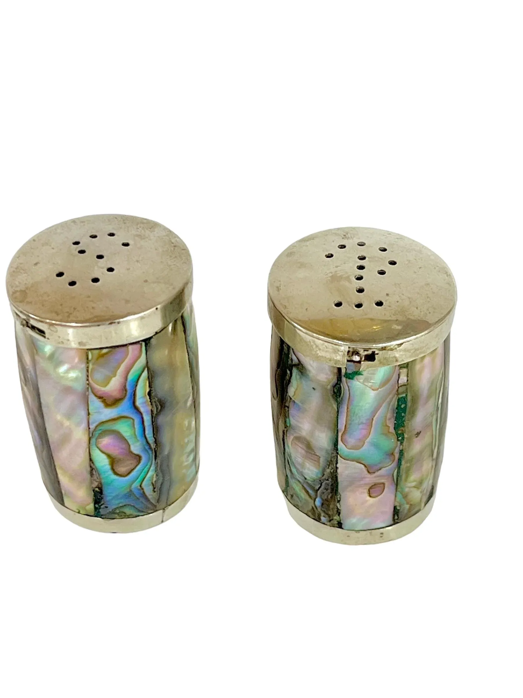 Vintage Abalone Alpaca Mexican Silver Salt and Pepper
