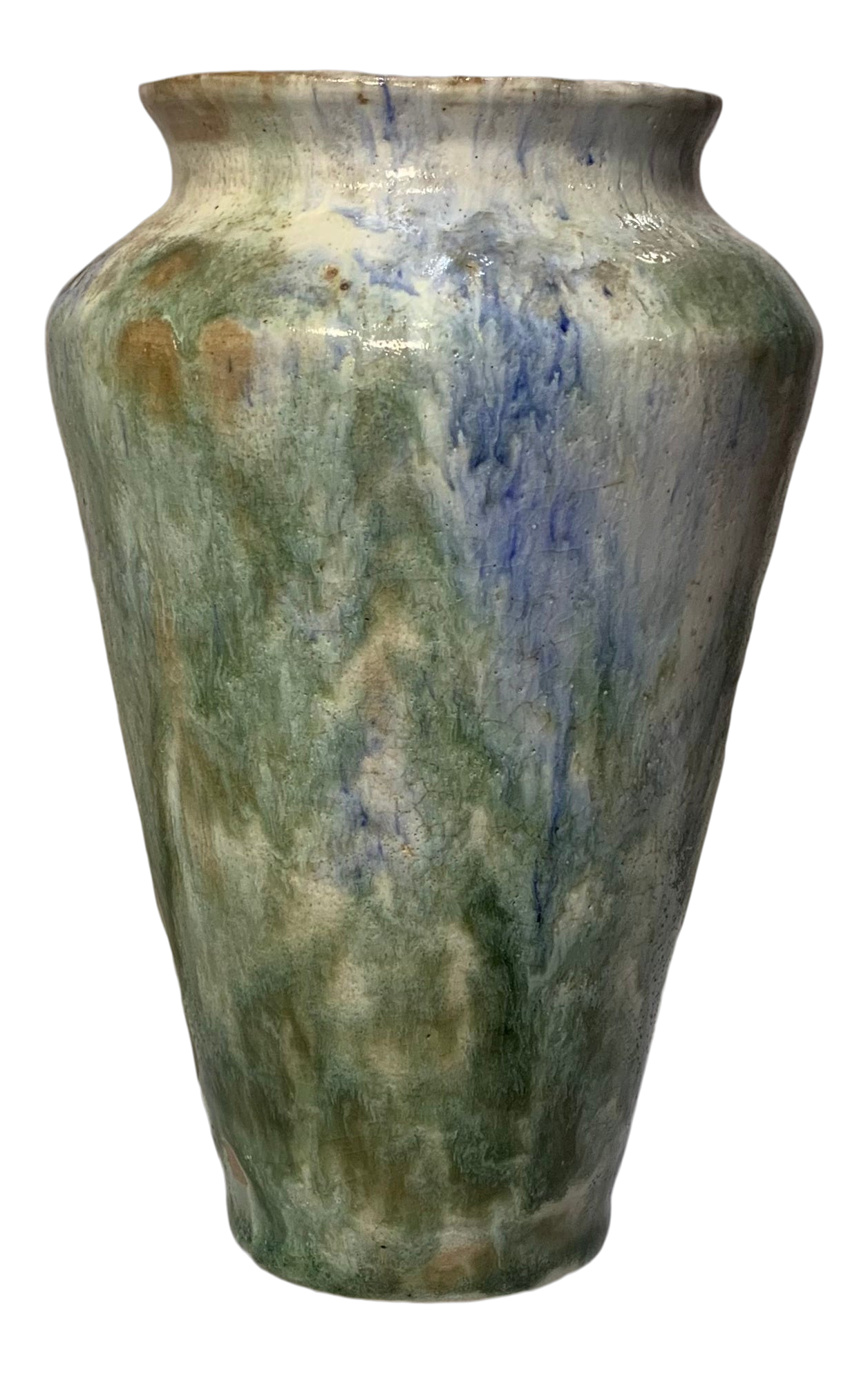 Vintage Studio Ceramic Vase With Celedon, Blue and White Lava Glaze