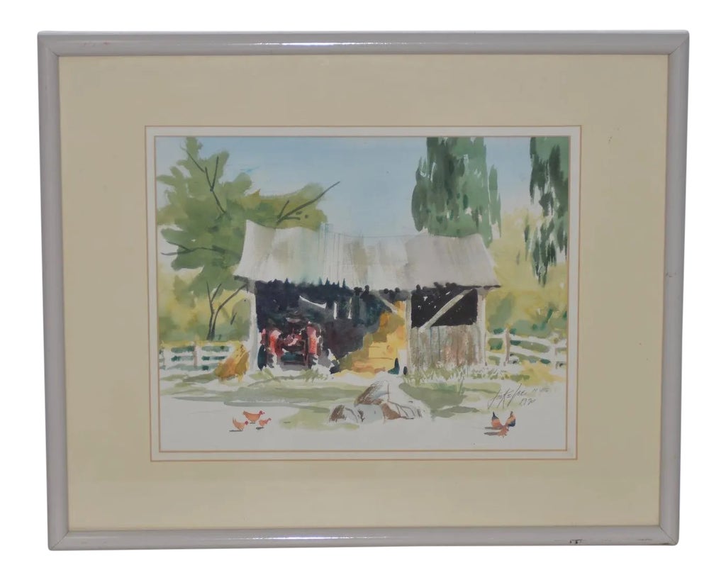 Jake Lee (1915-1991) Original Watercolor "Tractor in the Barn" C.1990 ...