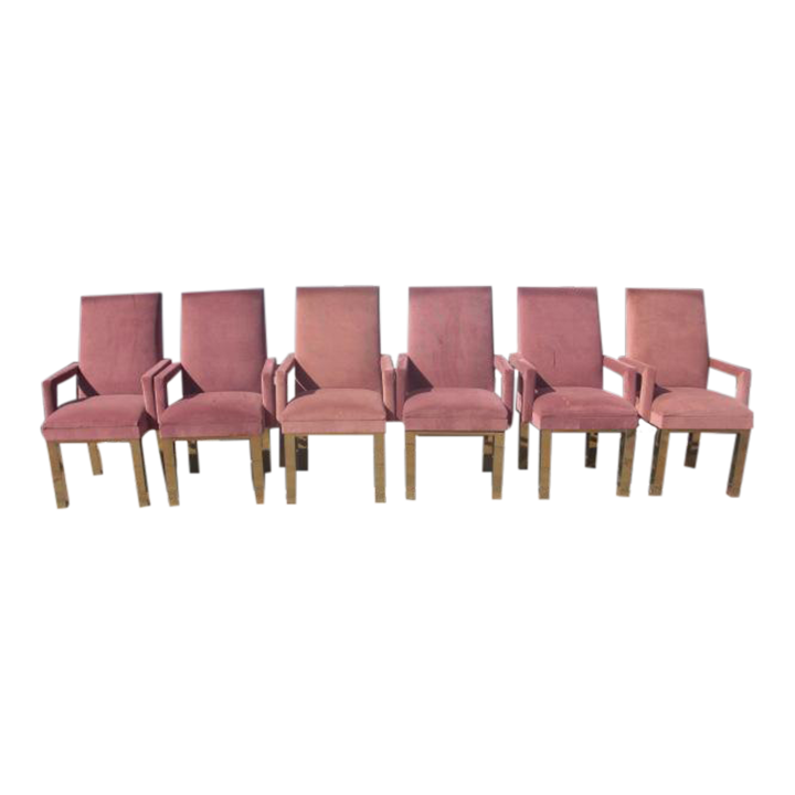 1980s Upholstered Dining Arm Chairs With Chunky Brass Legs Set of 6