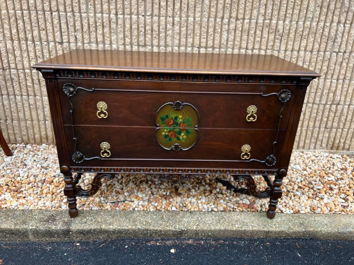 Early 20th Century Antique William and Mary Style Hand Painted Walnut  Carved Dresser With Mirror. | Chairish, image size:1200x900