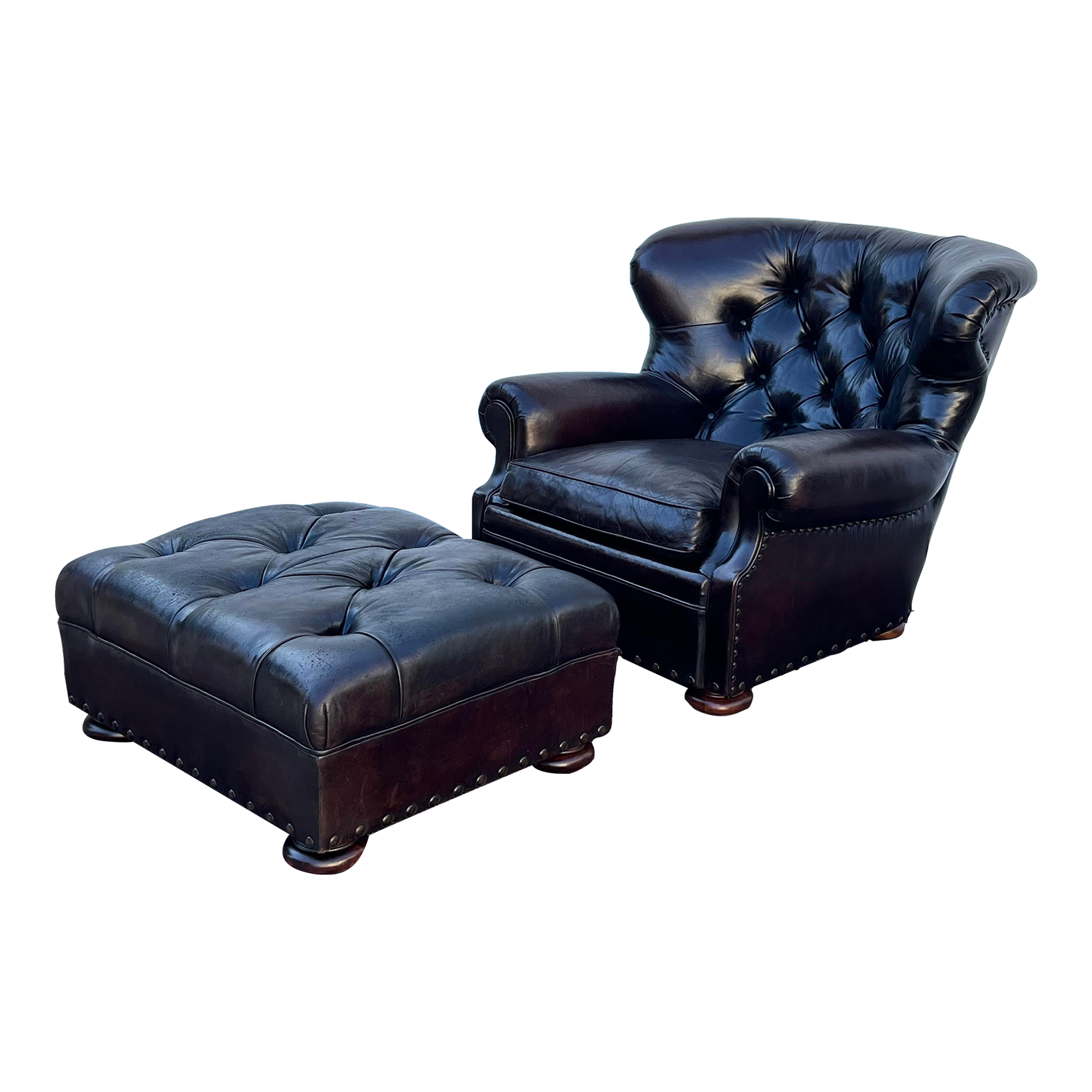 Vintage Hancock Moore Navy Blue Leather Lounge Chair And Ottoman With