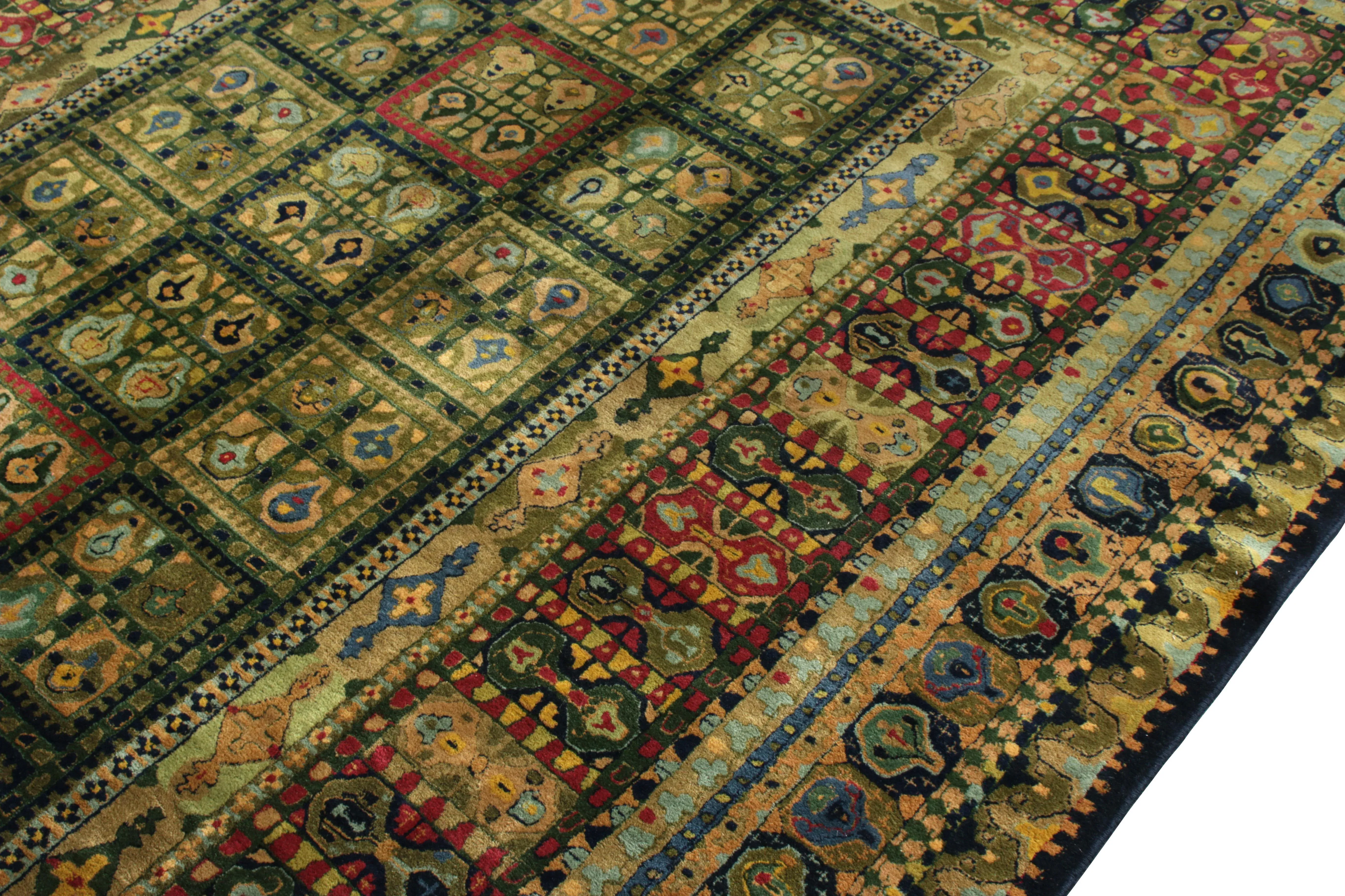 Hand-Knotted Vintage Mid-Century Rug in Green Geometric All Over Pattern