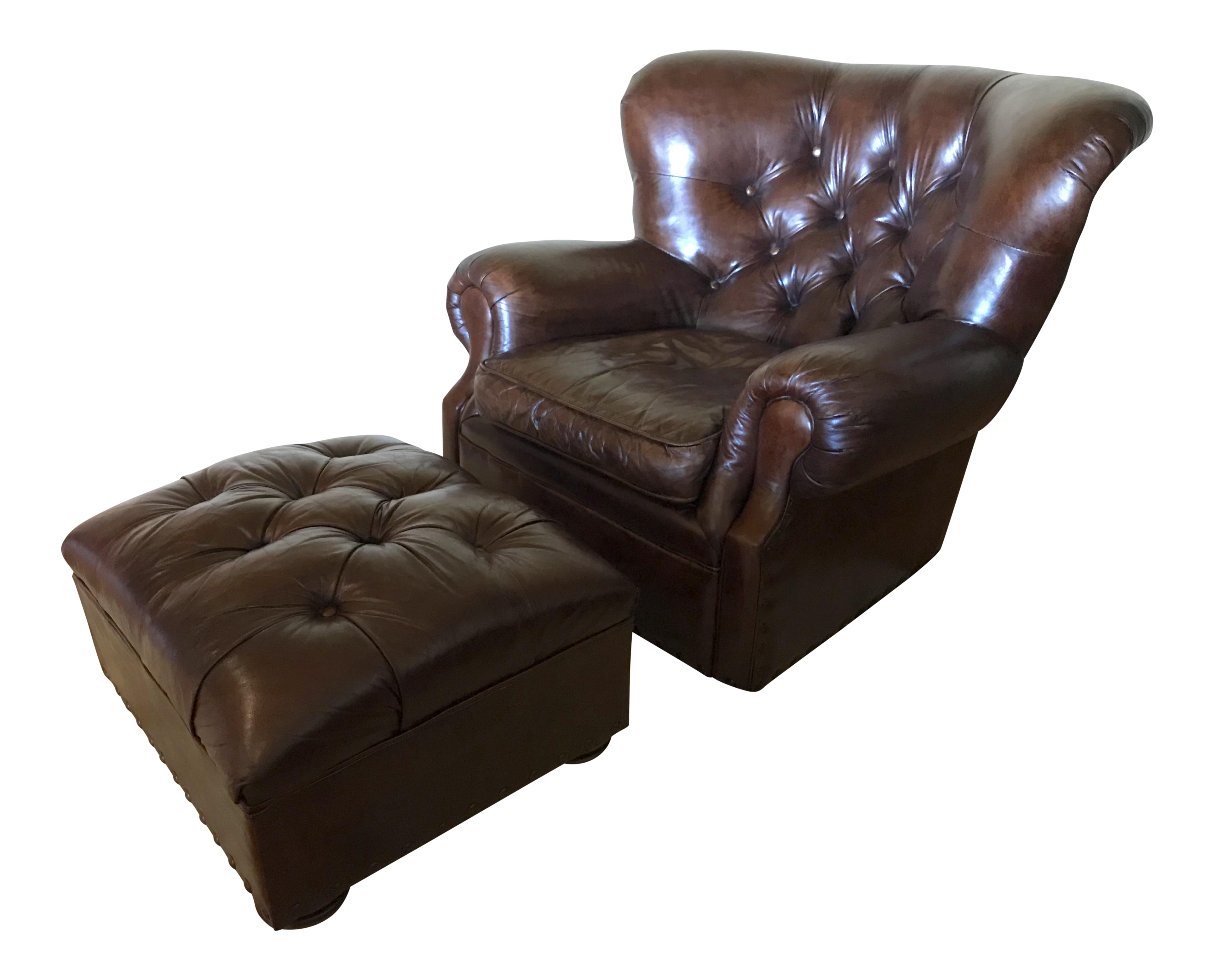 Restoration Hardware Churchill Leather Swivel Chair & Ottoman