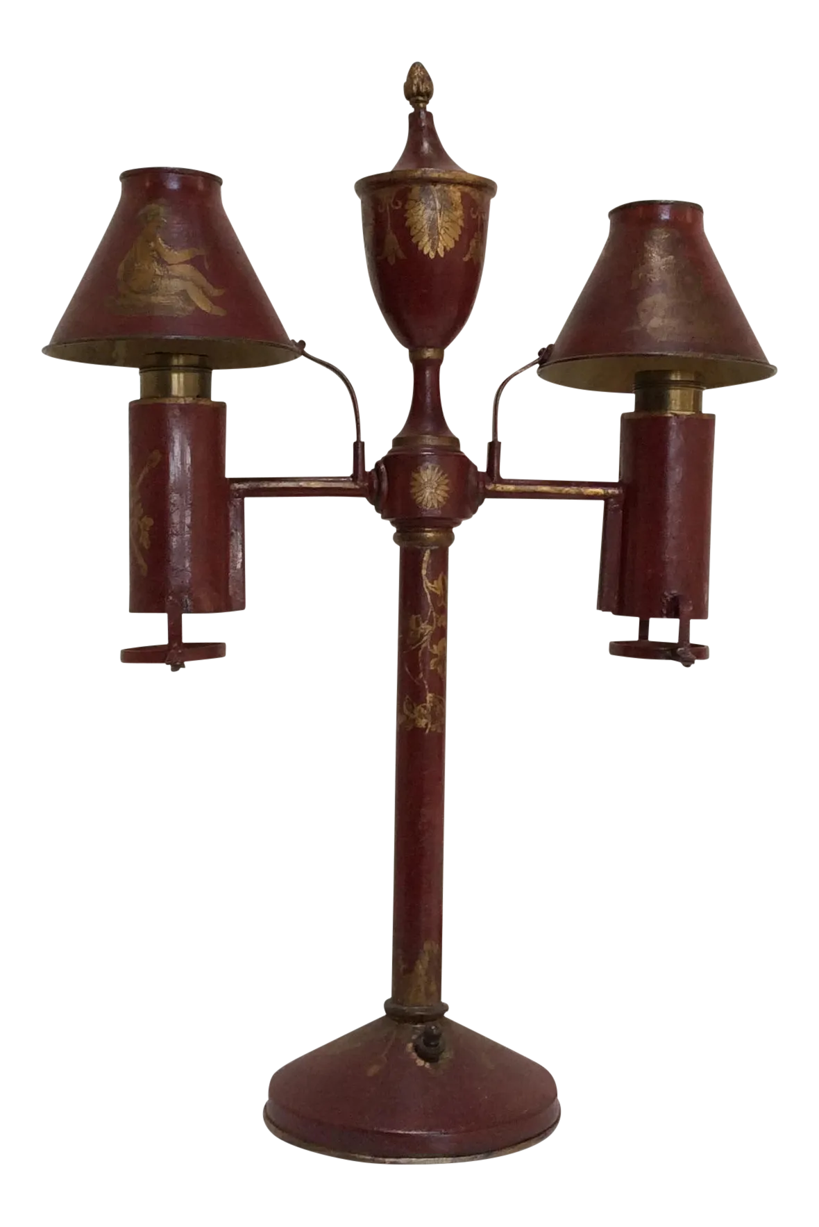 Antique French Red Tole Twin Shaded Table Lamp | Chairish