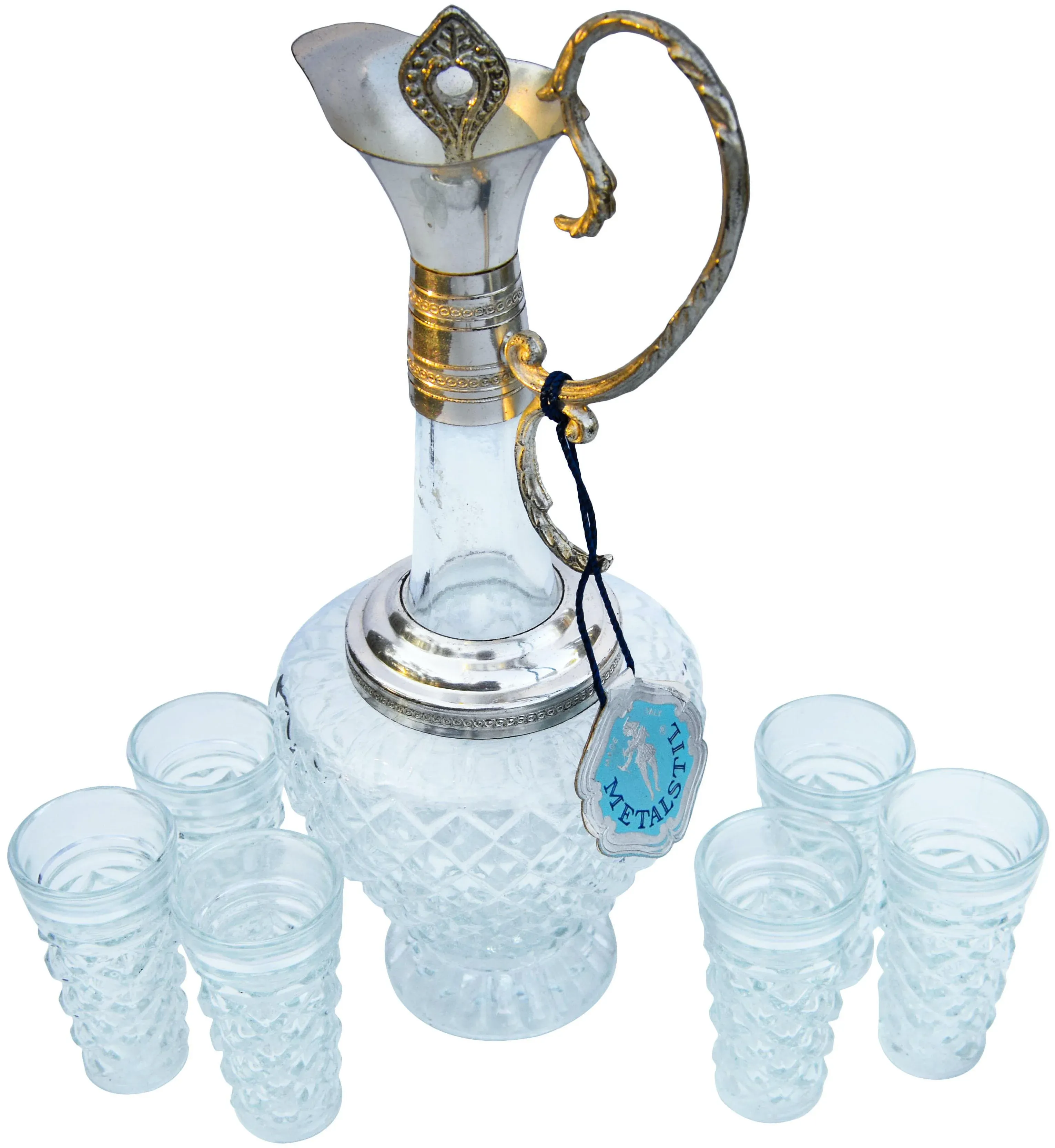 Vintage Crystal Decanter & Glasses, S/7