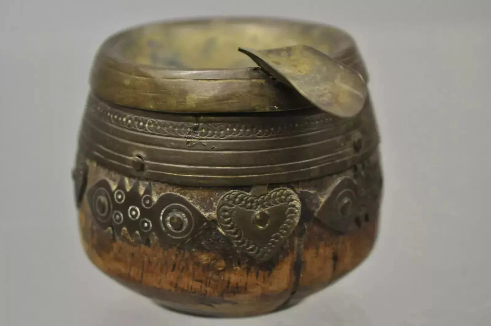 19th C. Antique Indian Brass and Wood Smoking Tobacco Jar, Box & Ashtray  Set