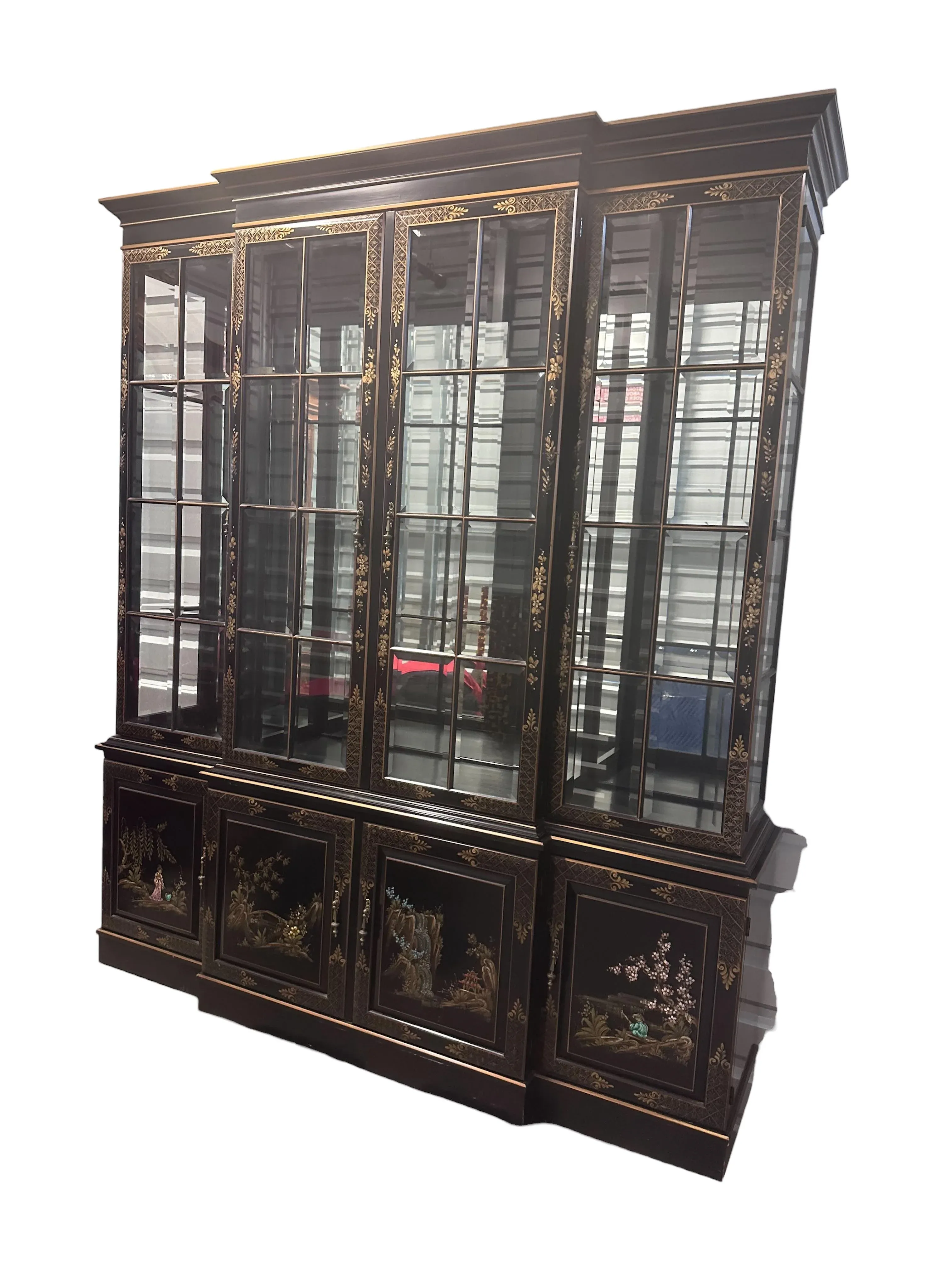1990s Chinoiserie Union National Black Japanned Lighted Breakfront