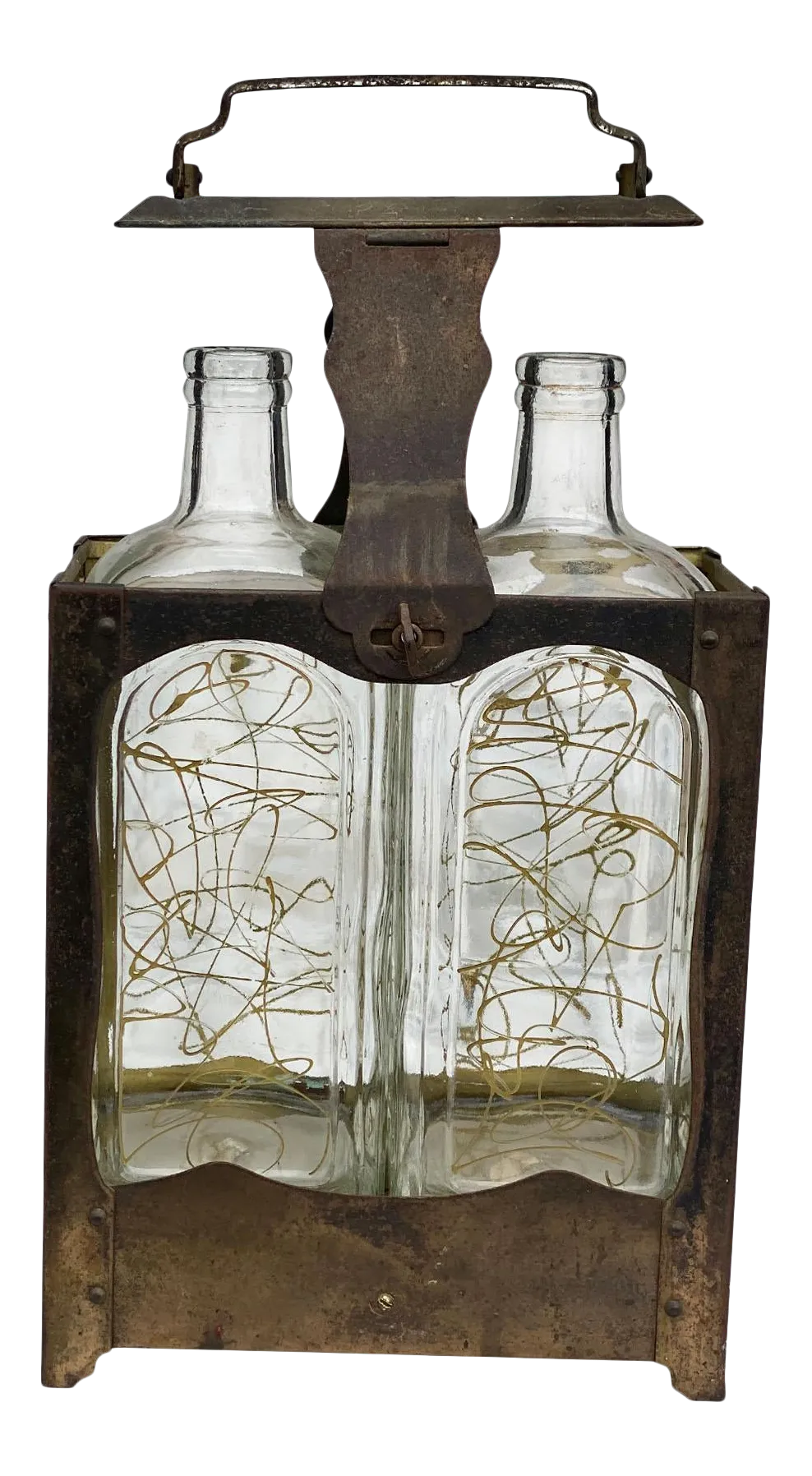 Vintage Double Glass Music Box Brass Carrying Liquor Decanter "How