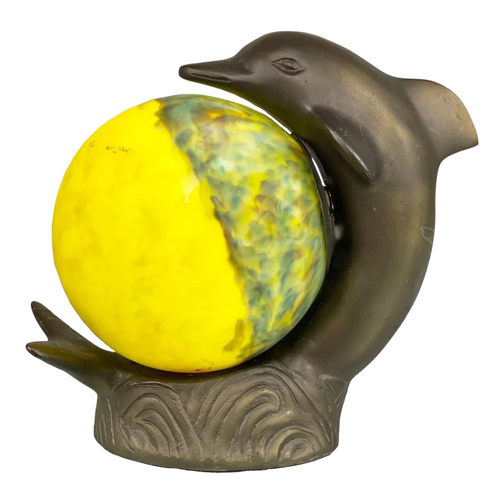 Vintage Art Deco Cast Metal Dolphin & Satin Glass Figural Tv Lamp