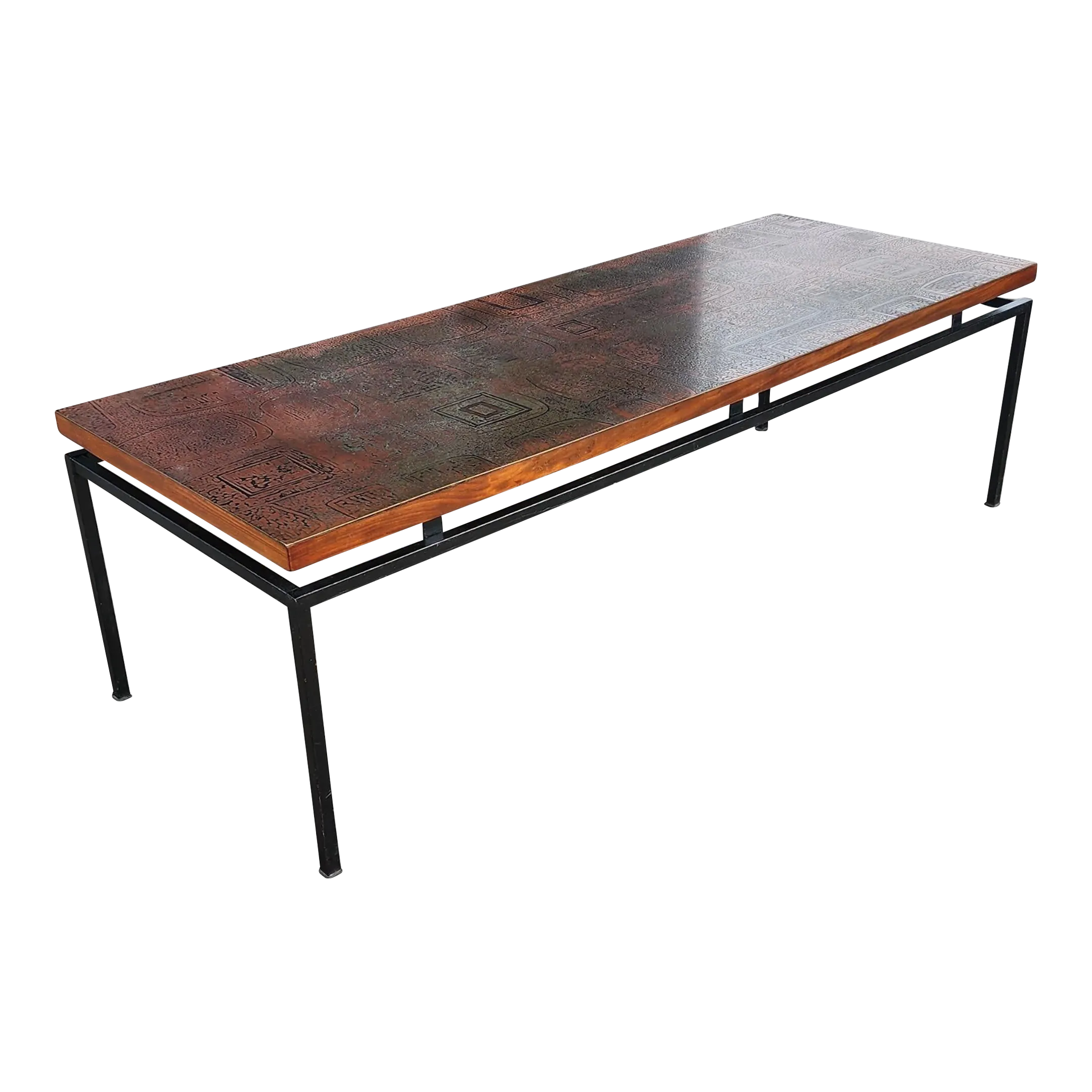 Mid Century Modern Acid Etched Copper Top Coffee Table W/ Iron Base