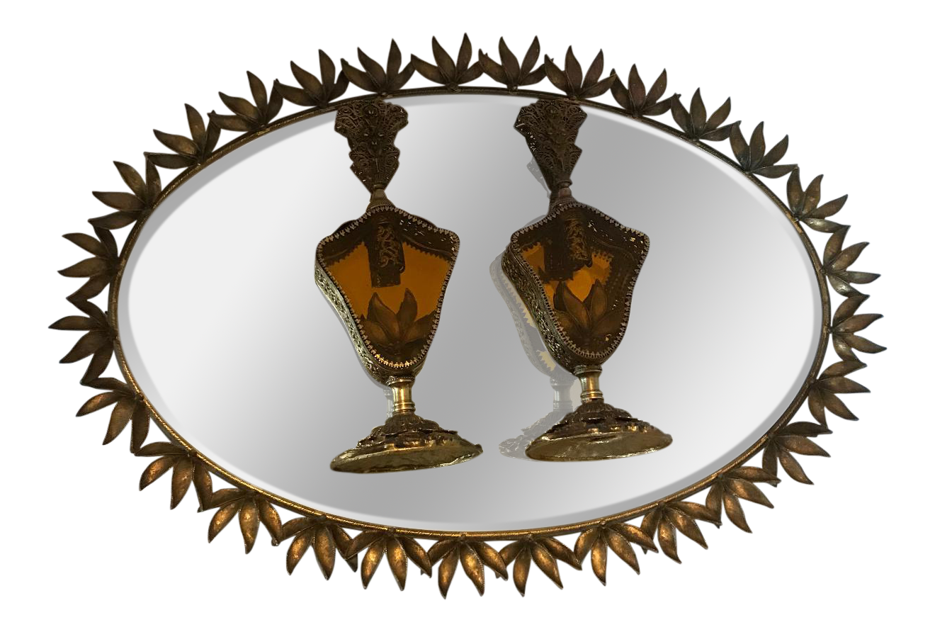 Hollywood Regency Goldcrest Sunburst Vanity Mirror & Perfume Bottles