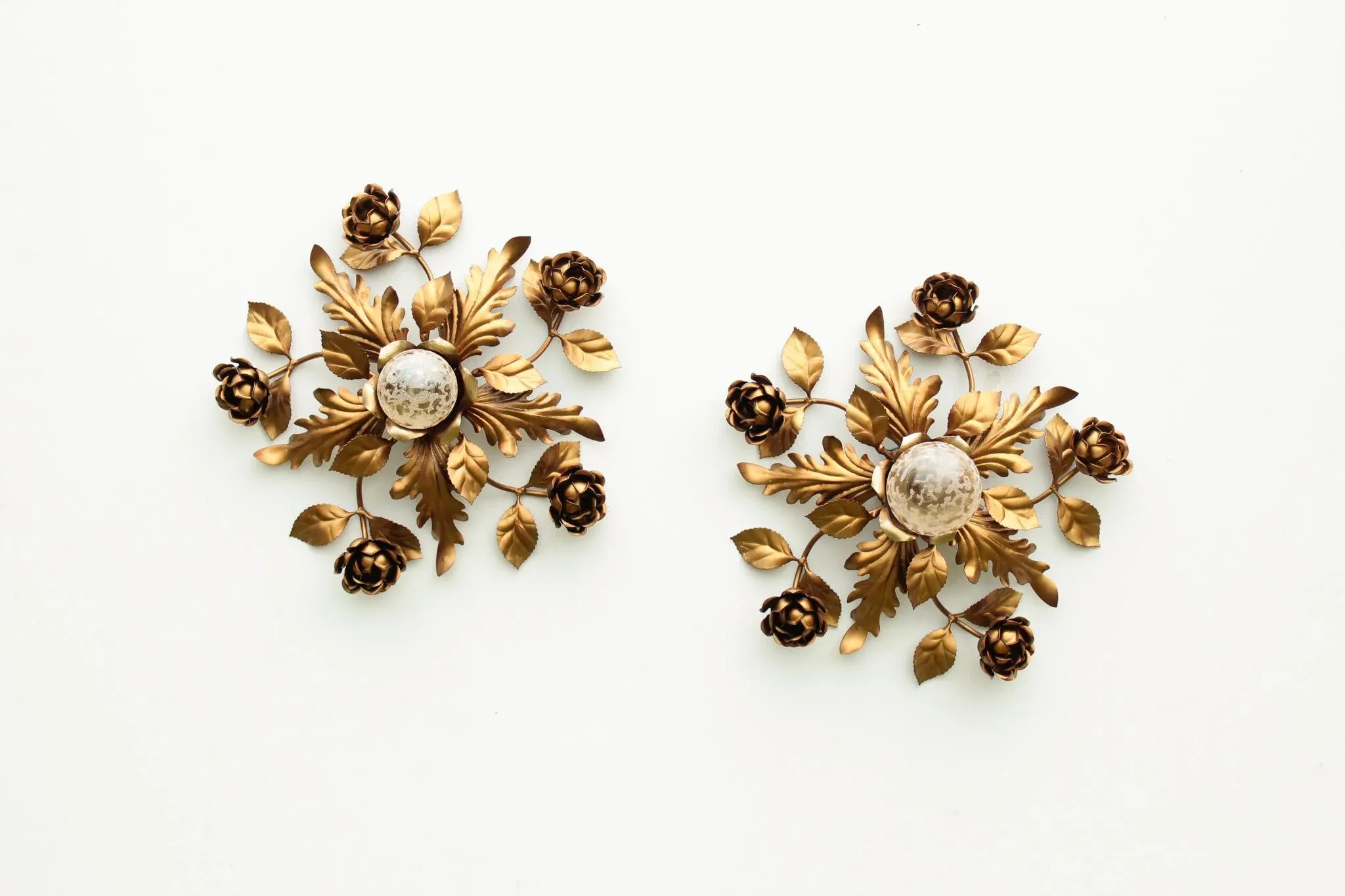 Gold-Plated Wall Lights with Roses, Italy, 1970s, Set of 2