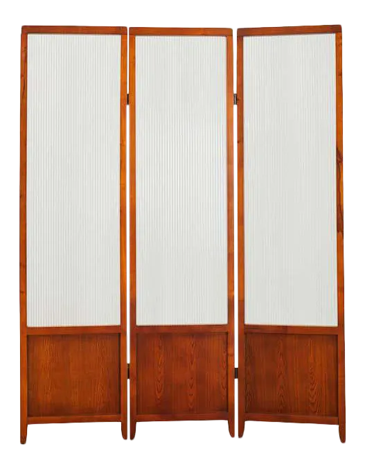 Three Panel Wood and Corregated Glass Room Divider Dressing Screen