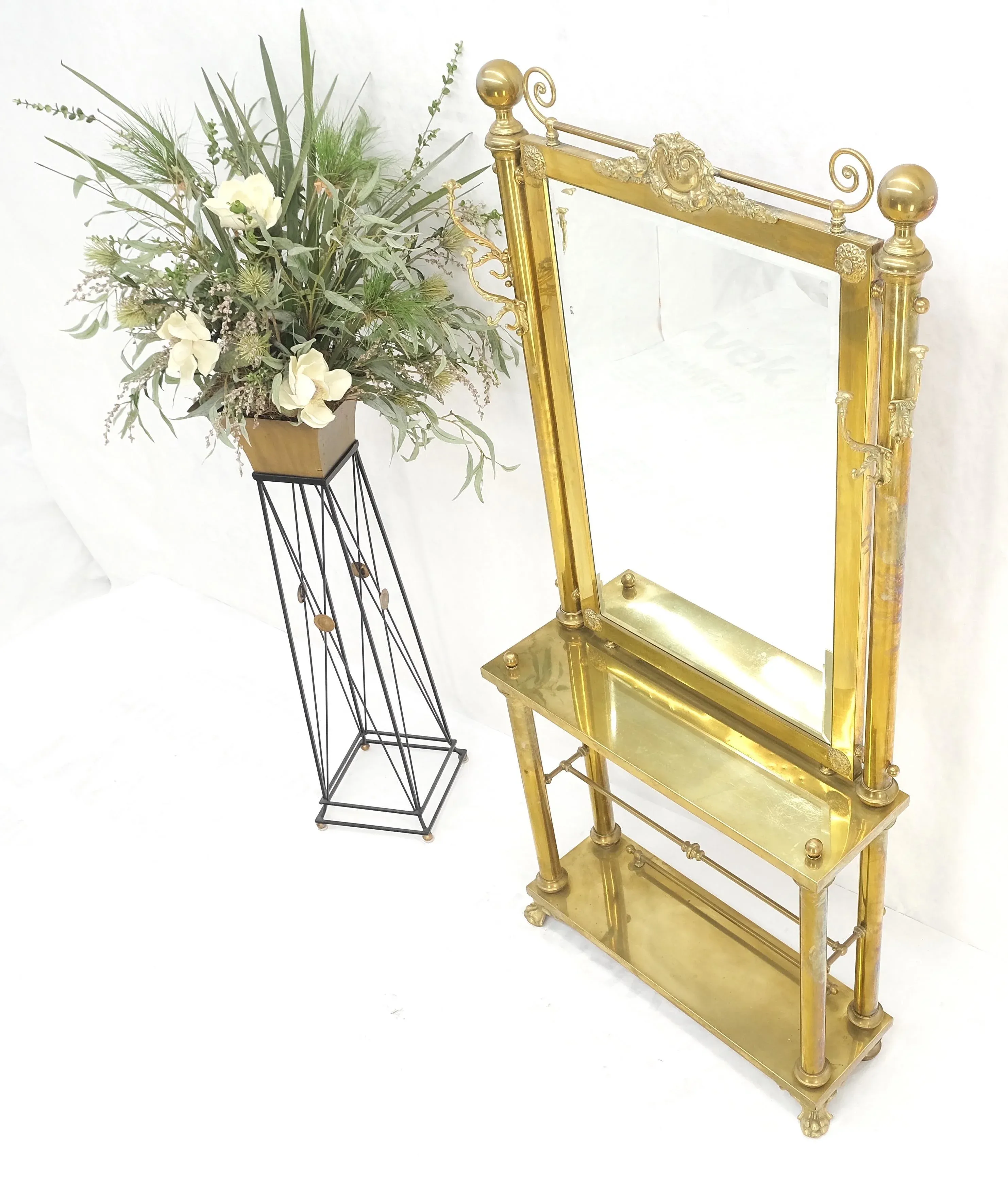 Solid Brass Entryway Hall Tree Mirror Coat Rack Console Table Claw