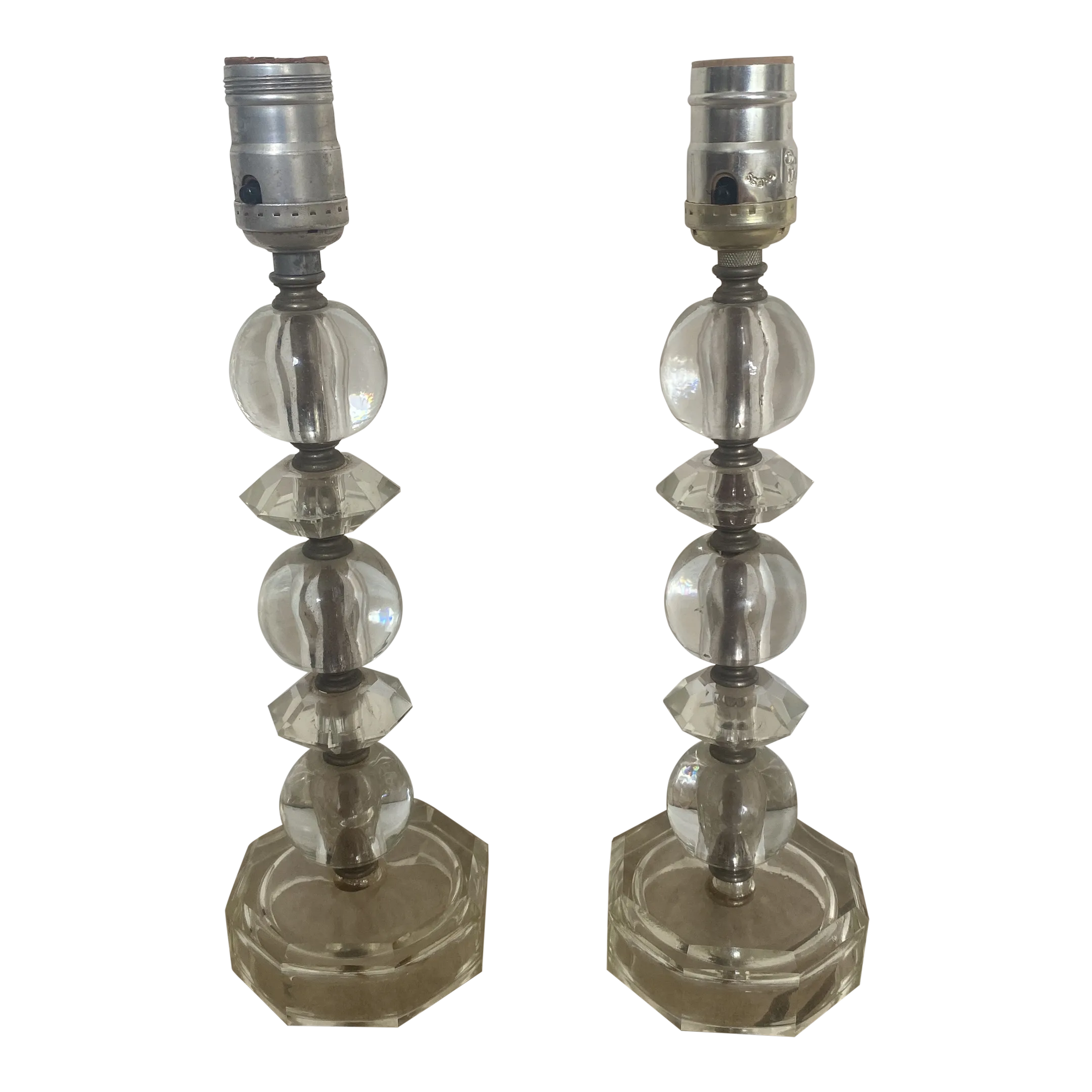Vintage Art Deco Midcentury Stacked Blown Glass and Crystal Table Lamps Set of 2.