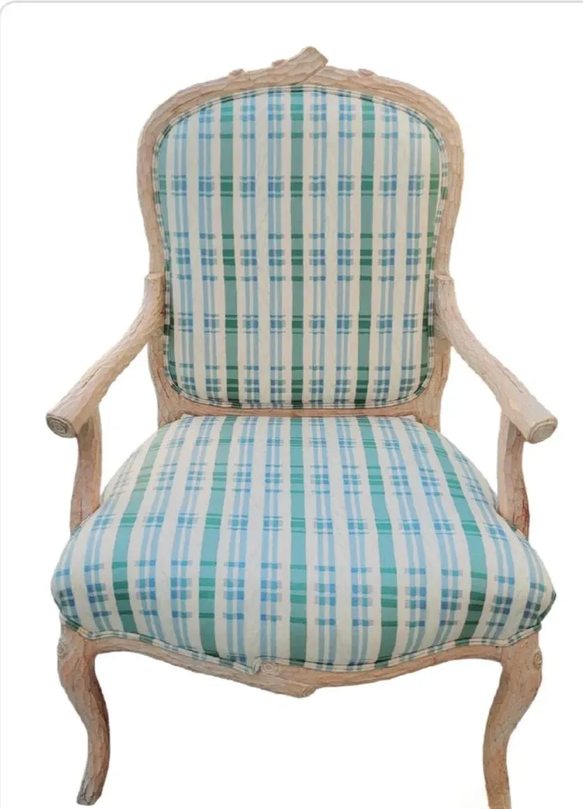 Vintage Large Faux Bois Modern Plaid Green Blue Side Accent Chair