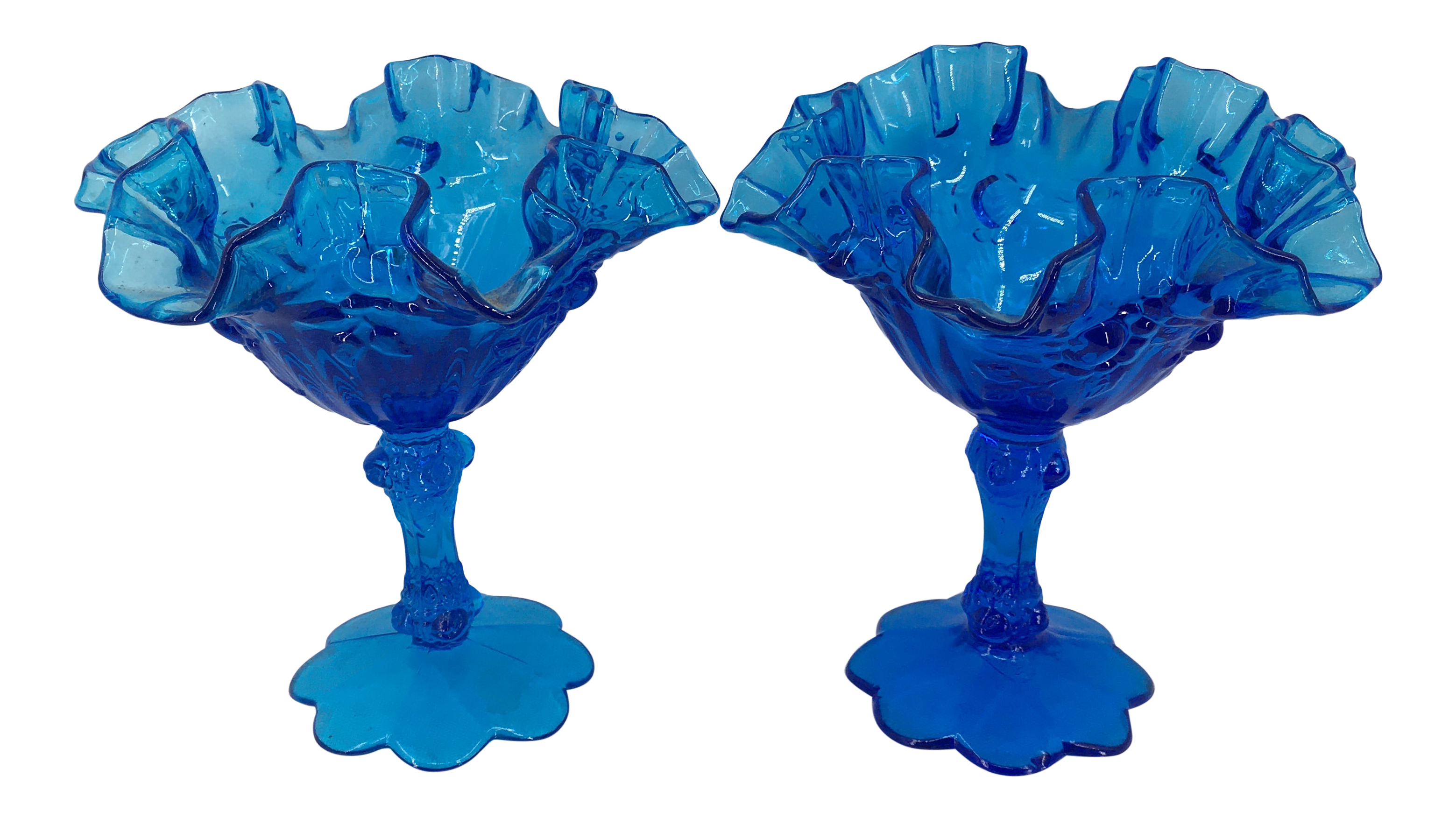 Mid 20th Century Fenton Crimped Blue Glass Floral Design Compotes Stemmed Bowls A Pair Chairish