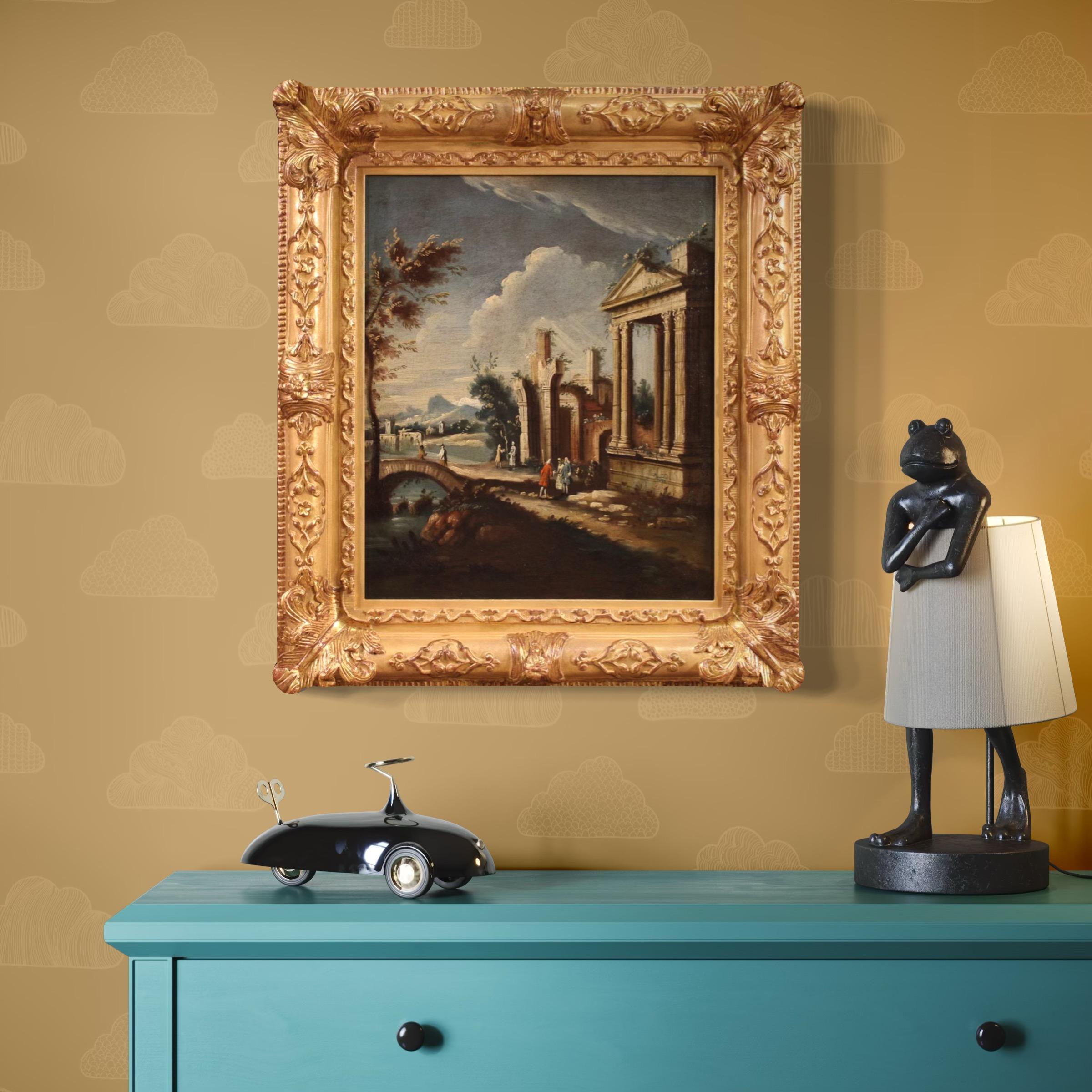 The Guest Room – Colorful Interior Oil Painting With Vintage Chair & Floral DetailVenetian School Artist, Architectural Capriccio with Figures, 1760, Oil on Canvas, Framed