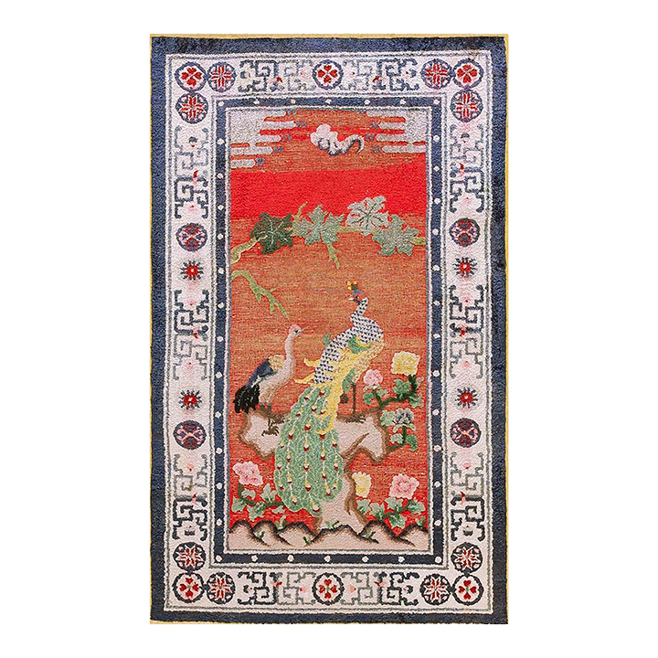 Extraordinary Ruby Red Background Color With Floral and Peacock Design Vintage Chinese Silk Rug