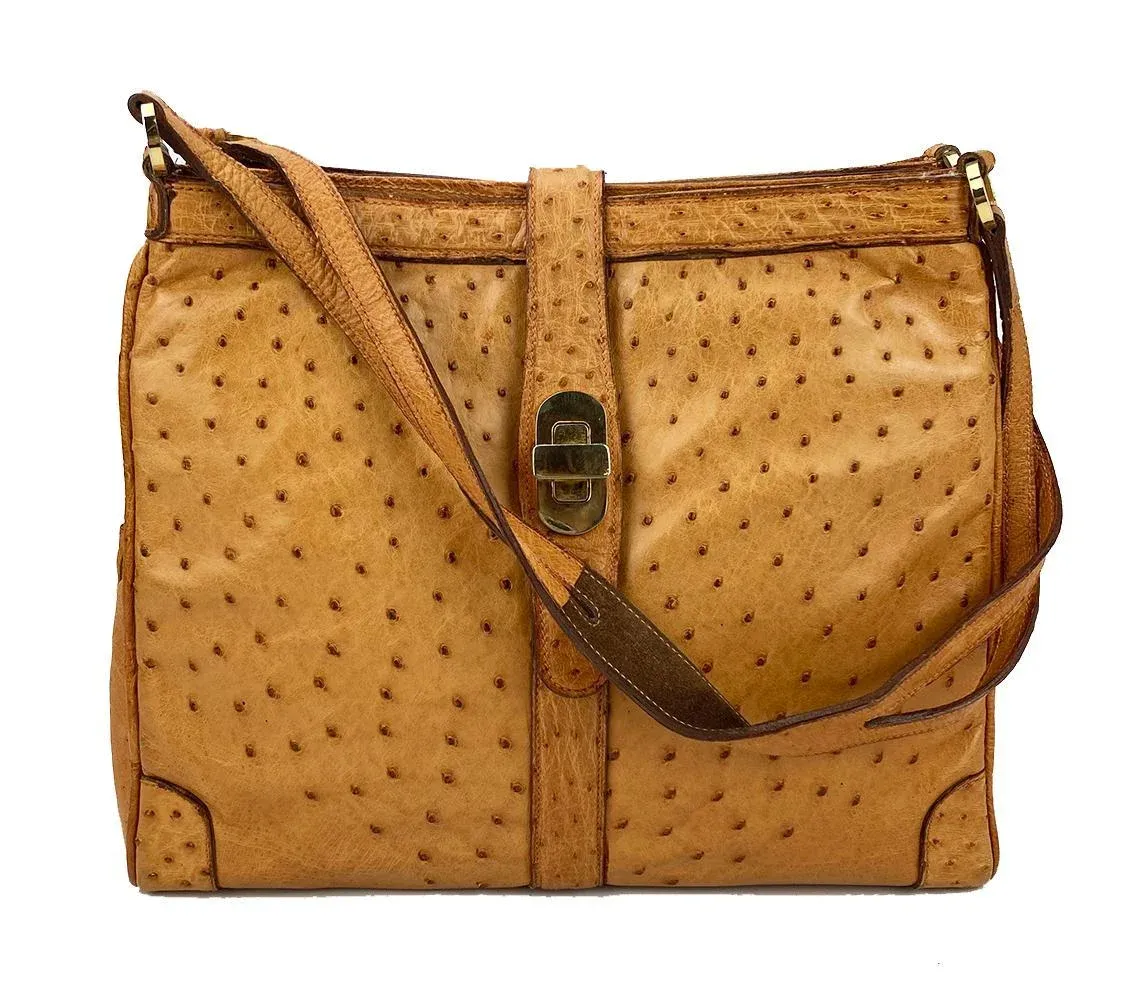 ☆SAND MUSEUM☆ ROVER SHOULDER BAG Brown SM2A0025 Vintage Mark Cross Tan Ostrich Handbag c1960s | Chairish