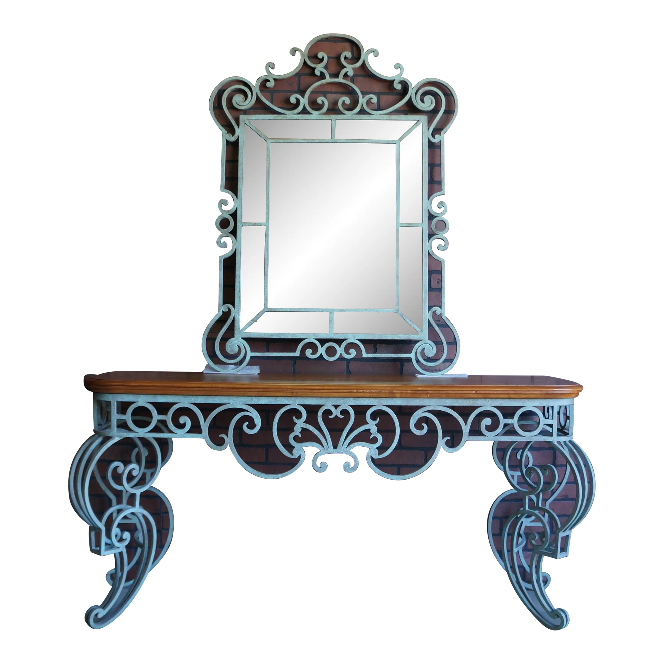 1990s Ethan Allen Hand Forged Iron Console Table & Mirror - Set of