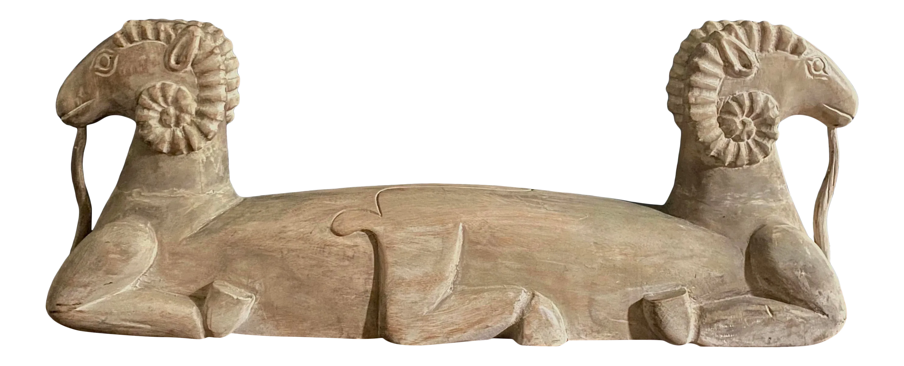 Vintage Folk Art Carved Wood Two Headed Ram Sculpture