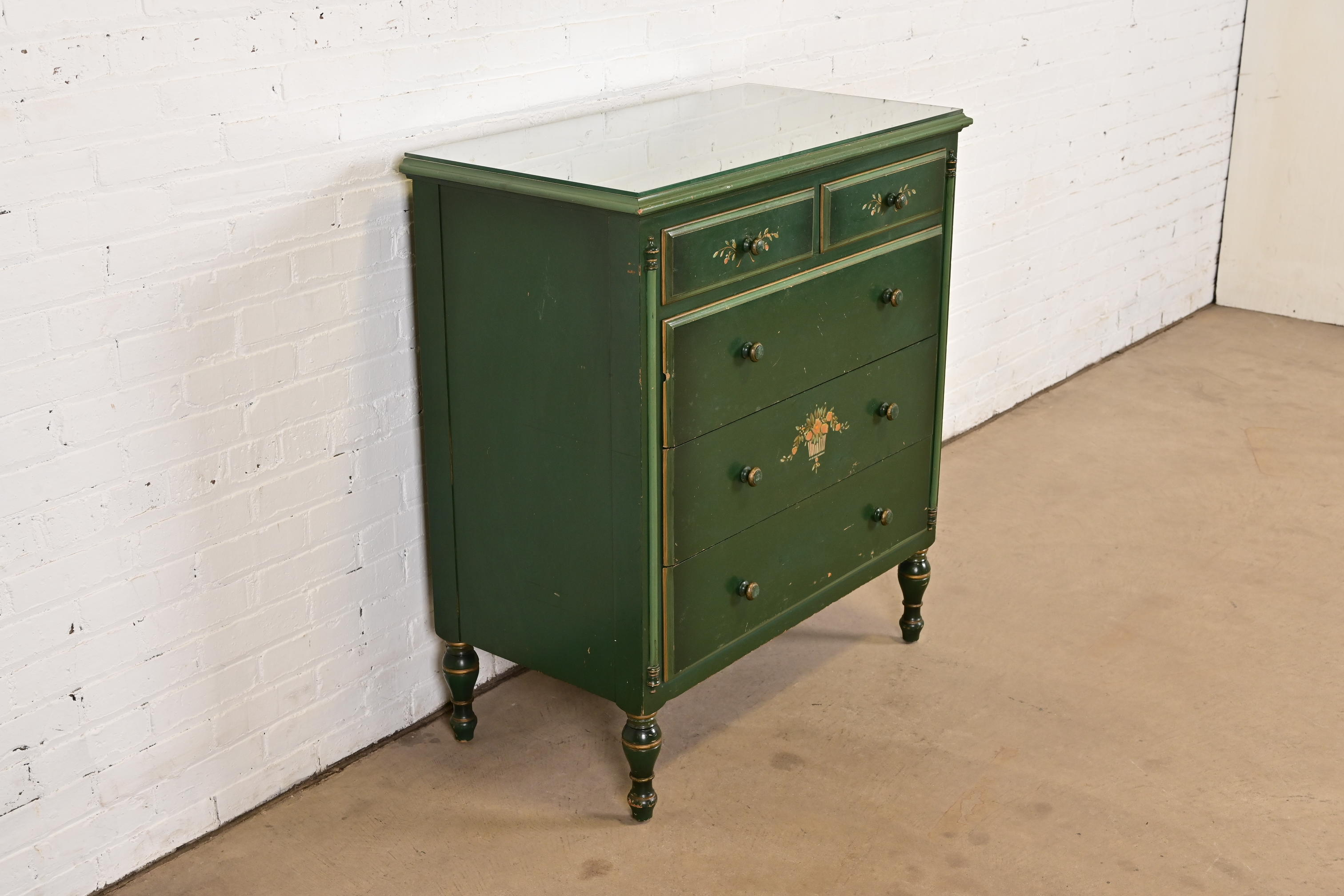 Stickley Brothers Antique Early American Country Cottage Green Lacquered  Floral Painted Dresser, Circa 1920s