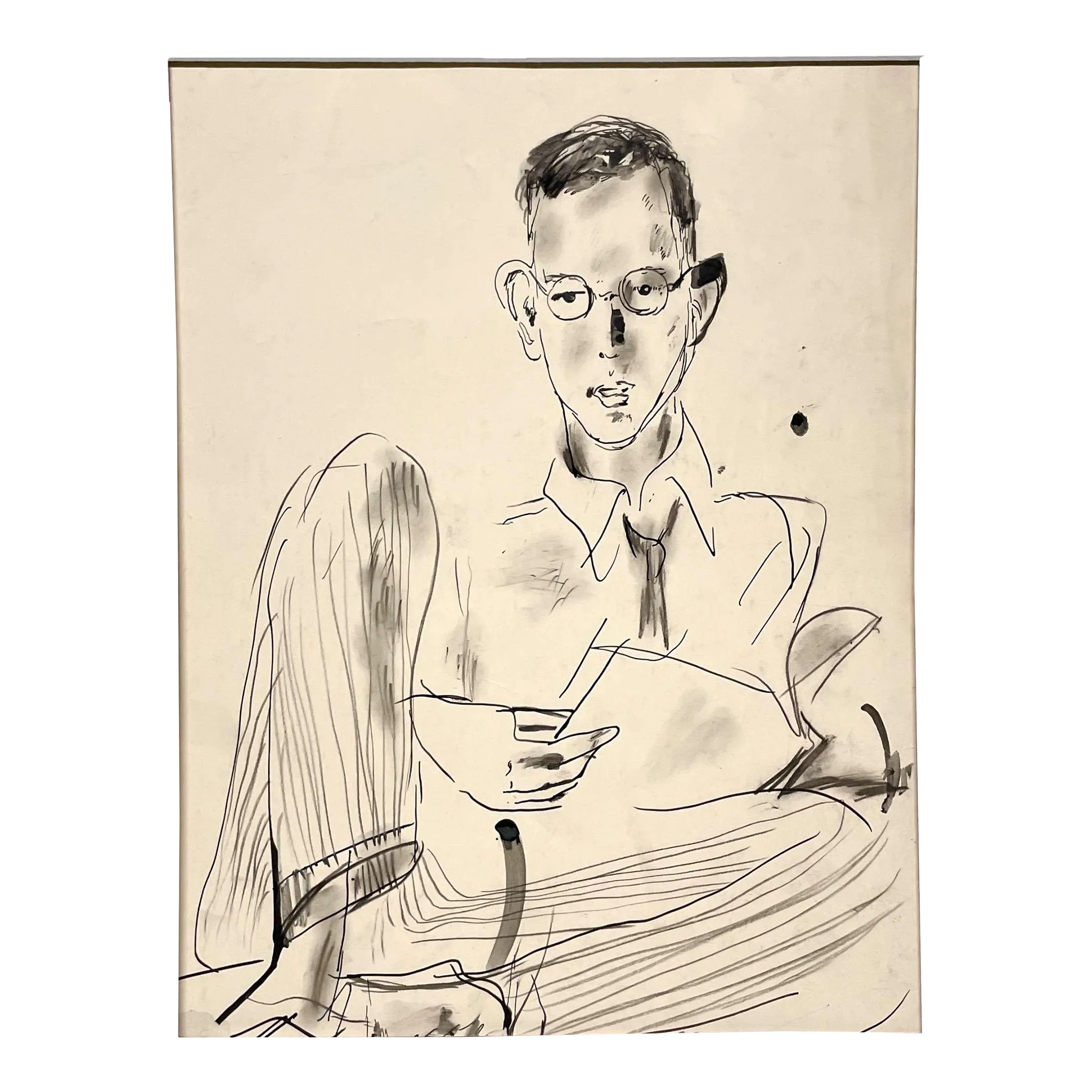 1930s Inks & Charcoal Drawing of a Man Reading