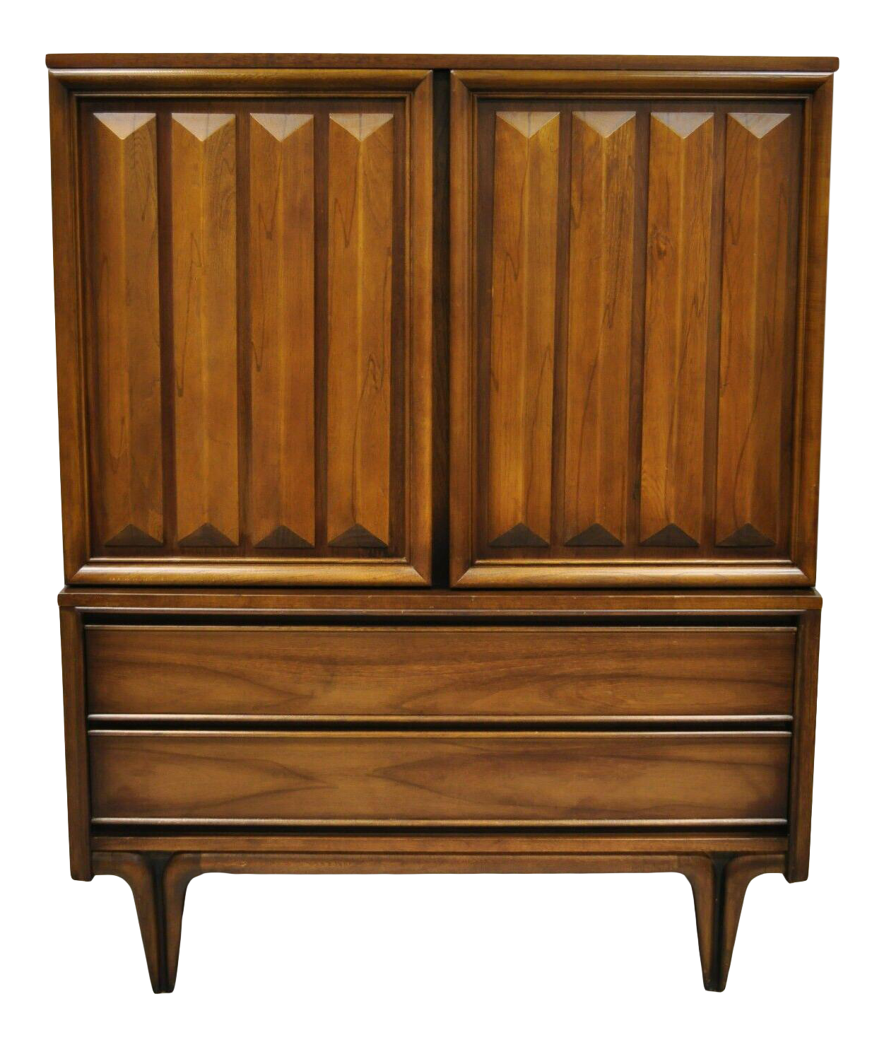Vintage Mid Century Modern Sculpted Walnut VLeg Tall Chest Dresser