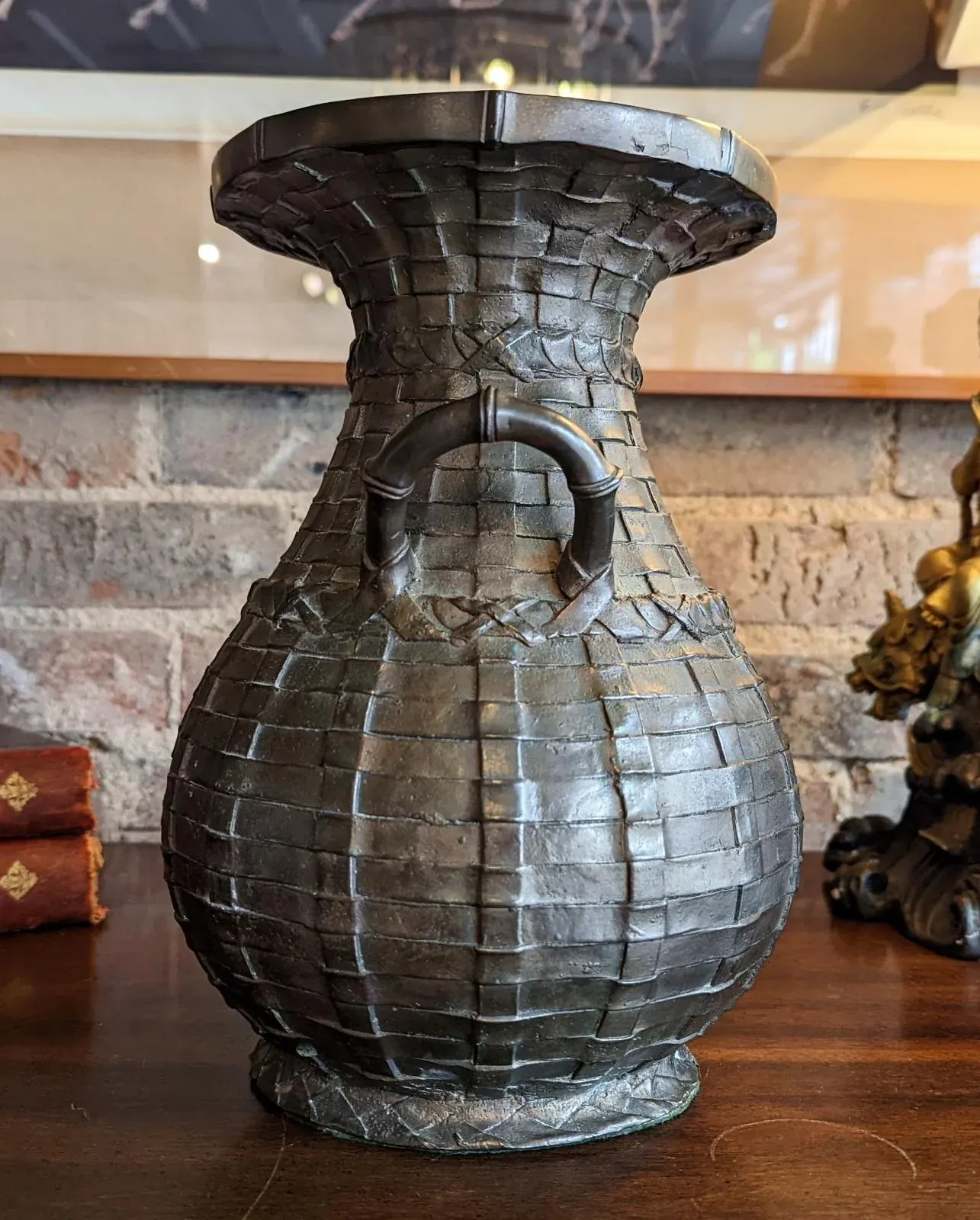 工芸品 Japanese Bronze Glazed Vase with Handles A very large Japanese bronze twin-handled vase