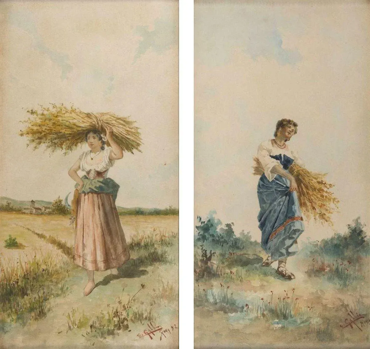 Farmers with Bundle of Spikes - Pair of Watercolors on Paper - 1892 1892