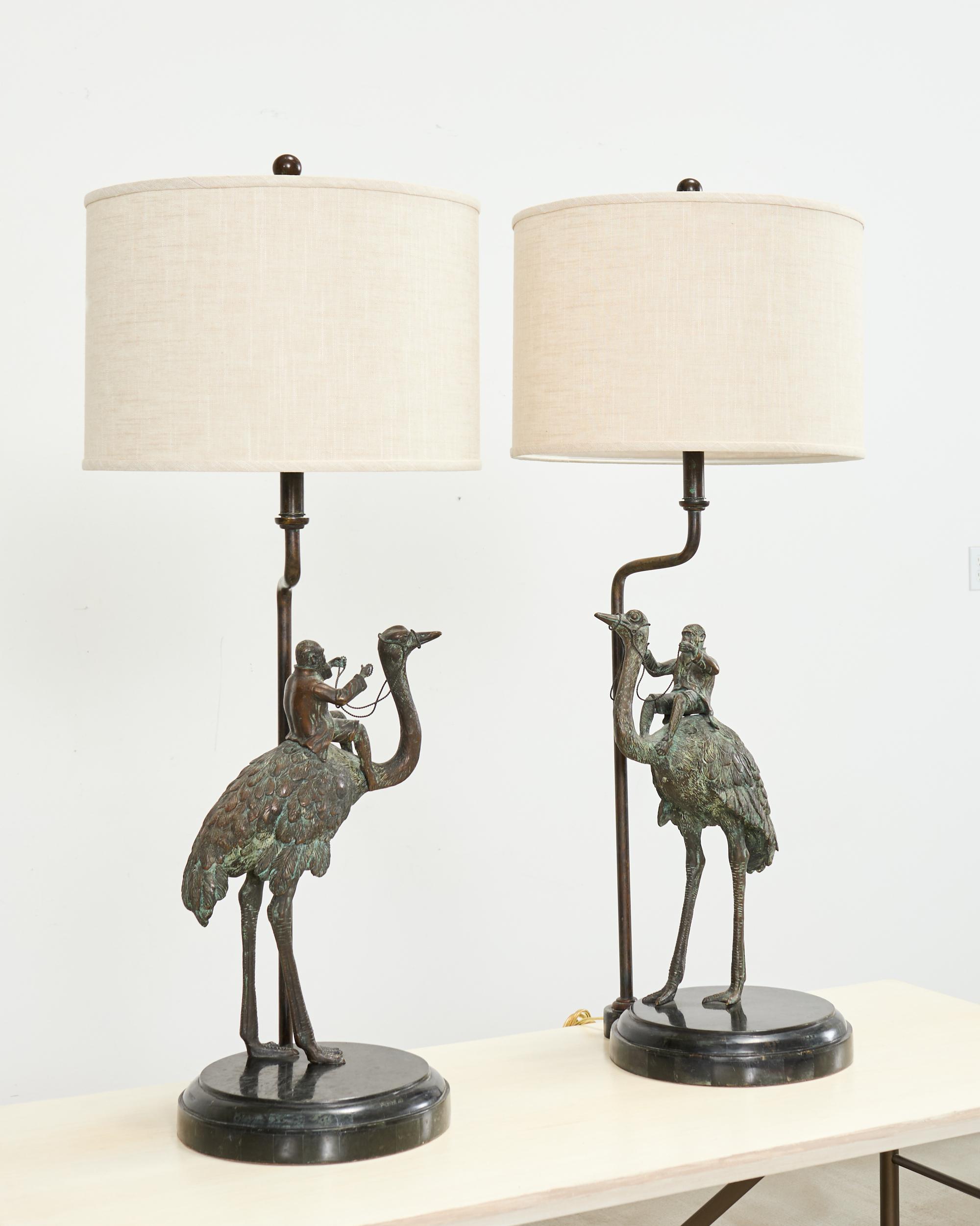 Pair of Maitland-Smith Bronze Monkey Ostrich Table Lamps | Chairish
